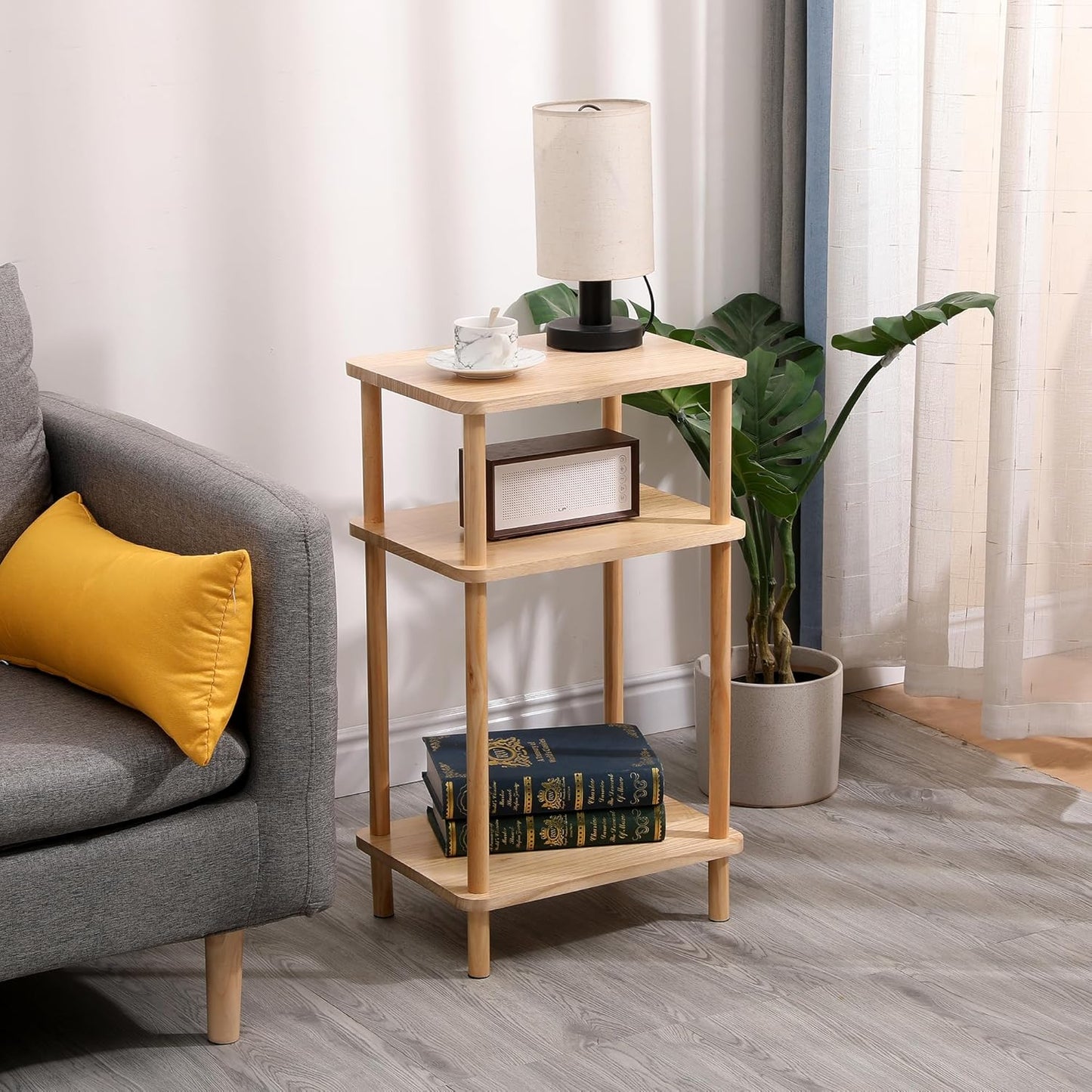 3 Tier End Table Night Stand, Solid Wood Edge Table Narrow Side Table Bookcase Bookshelf Simple Bedside Table Storage Rack for Bedroom Living Room Bathroom,Natural Wood End Table with Storage Shelves