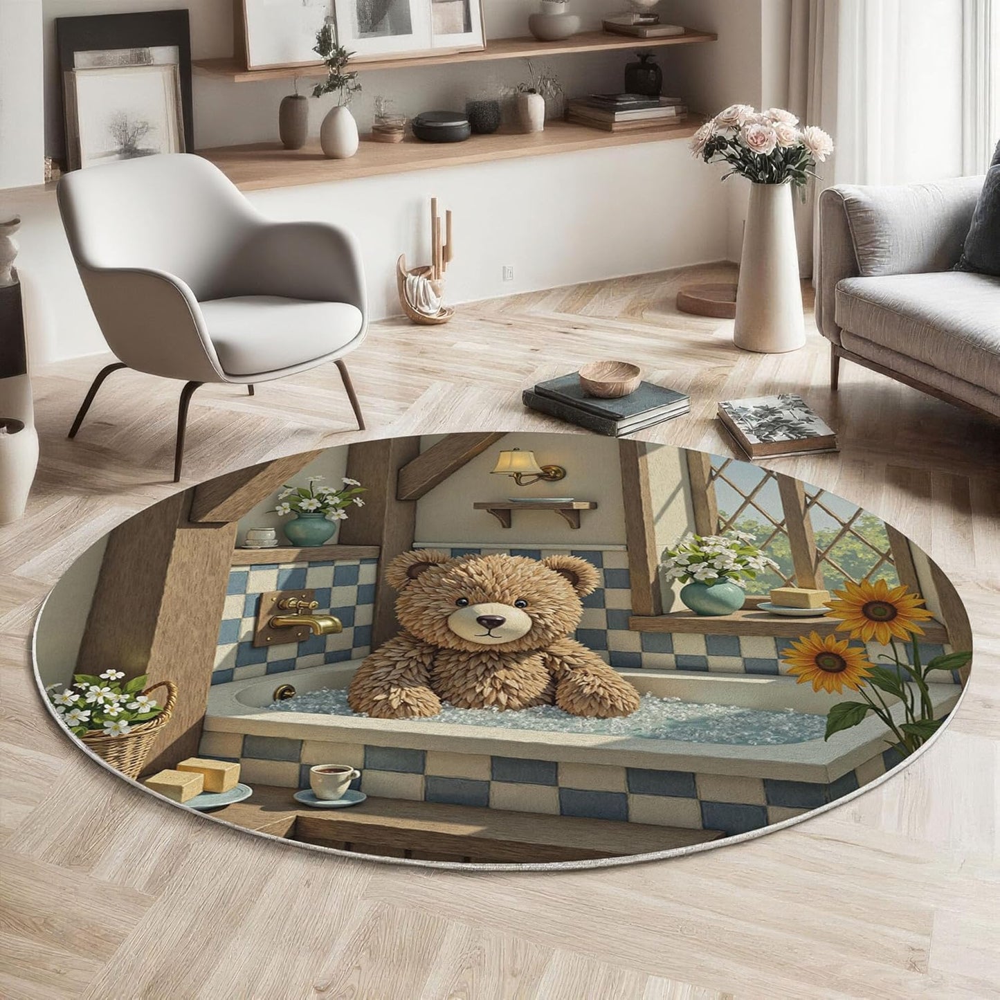 Cute Teddy Bear Bathtub Round Rugs 3Ft, Retro Country Style Round Living Room Area Rug, Washable Large Soft Circle Rug for Bedroom, Non Slip Ultra Thin Floor Carpet for Dining Room, Beige Brown