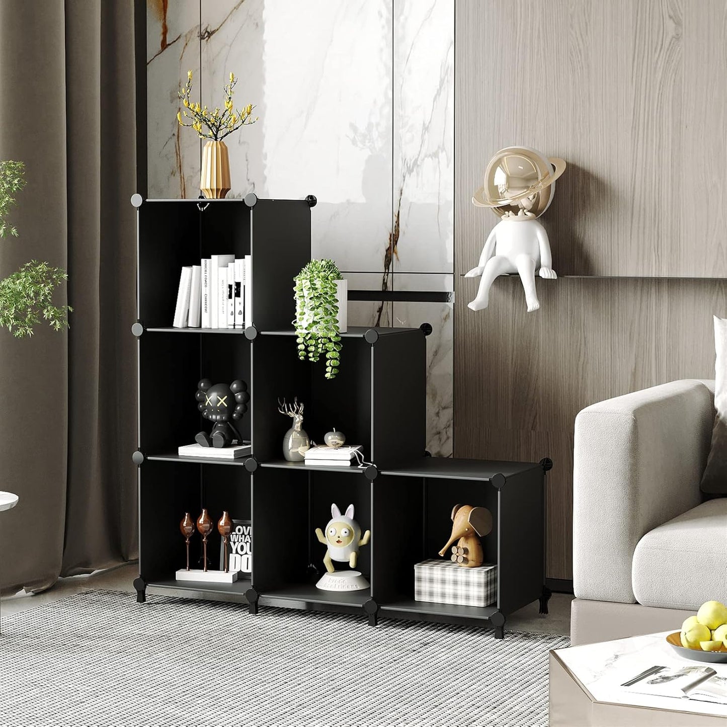 AWTATOS Cube Storage Organizer, Storage Cubes Shelves Bookshelf, 6 Cube Closet Organizers and Storage, DIY Stackable Plastic Clothes Organizer Shelving for Bedroom, Home, Black