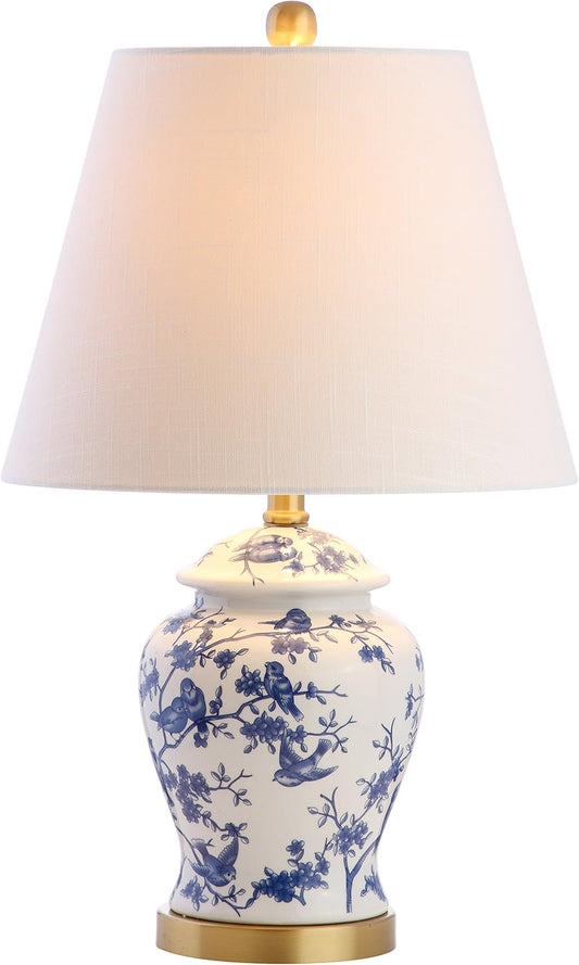 JONATHAN Y 22" Blue/White Ceramic Table Lamp, French Country Chinoiserie Ginger Jar LED Bedside Lamp for Living Room Bedroom, White Linen Shade, JYL3005A