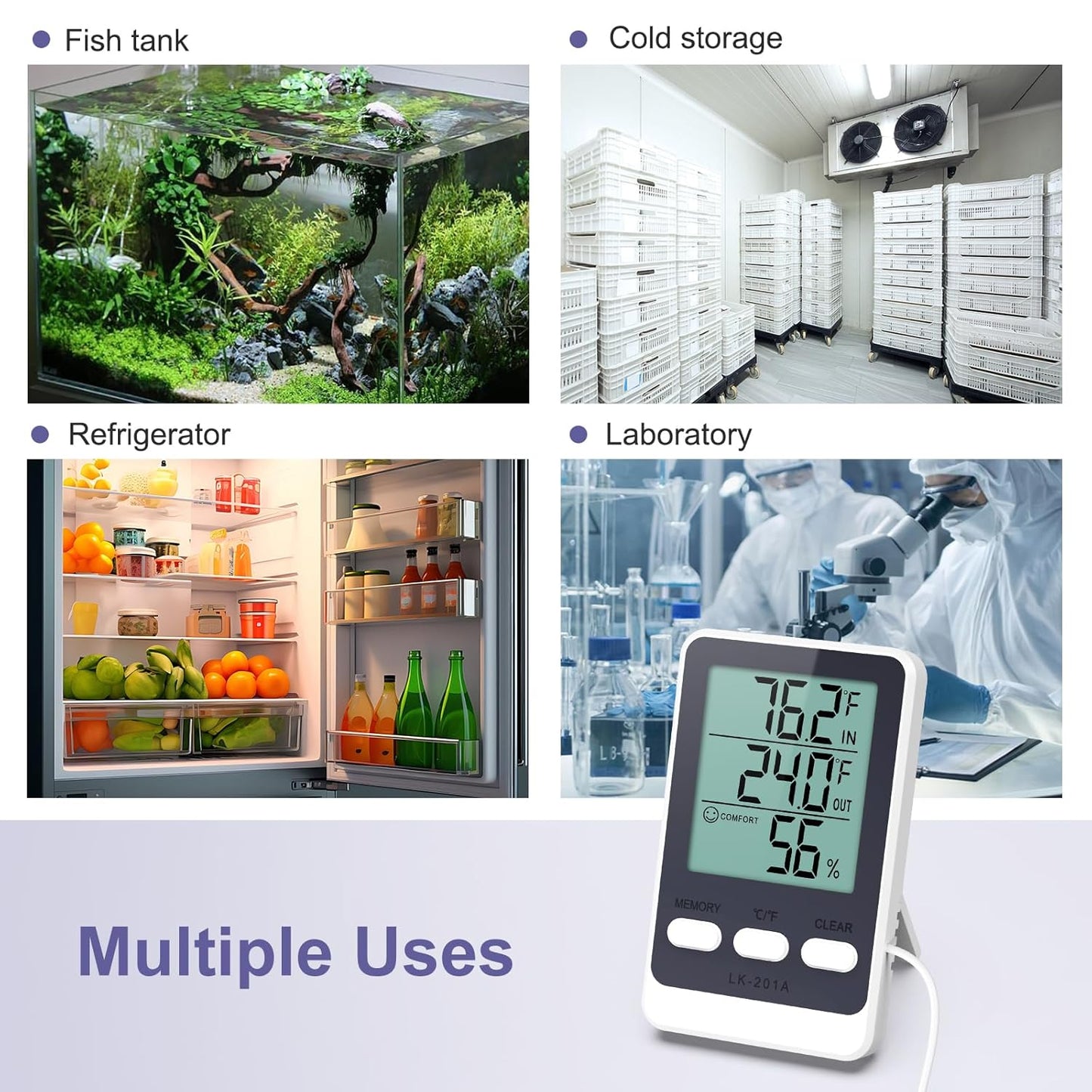 JXTZ Refrigerator Thermometer with External Sensor, LCD Display Indoor Temperature and Humidity Gauge, Fridge and Freezer Thermometer, Max/Min Temperature in 24H, for Aquarium, Refrigerator, Freezer