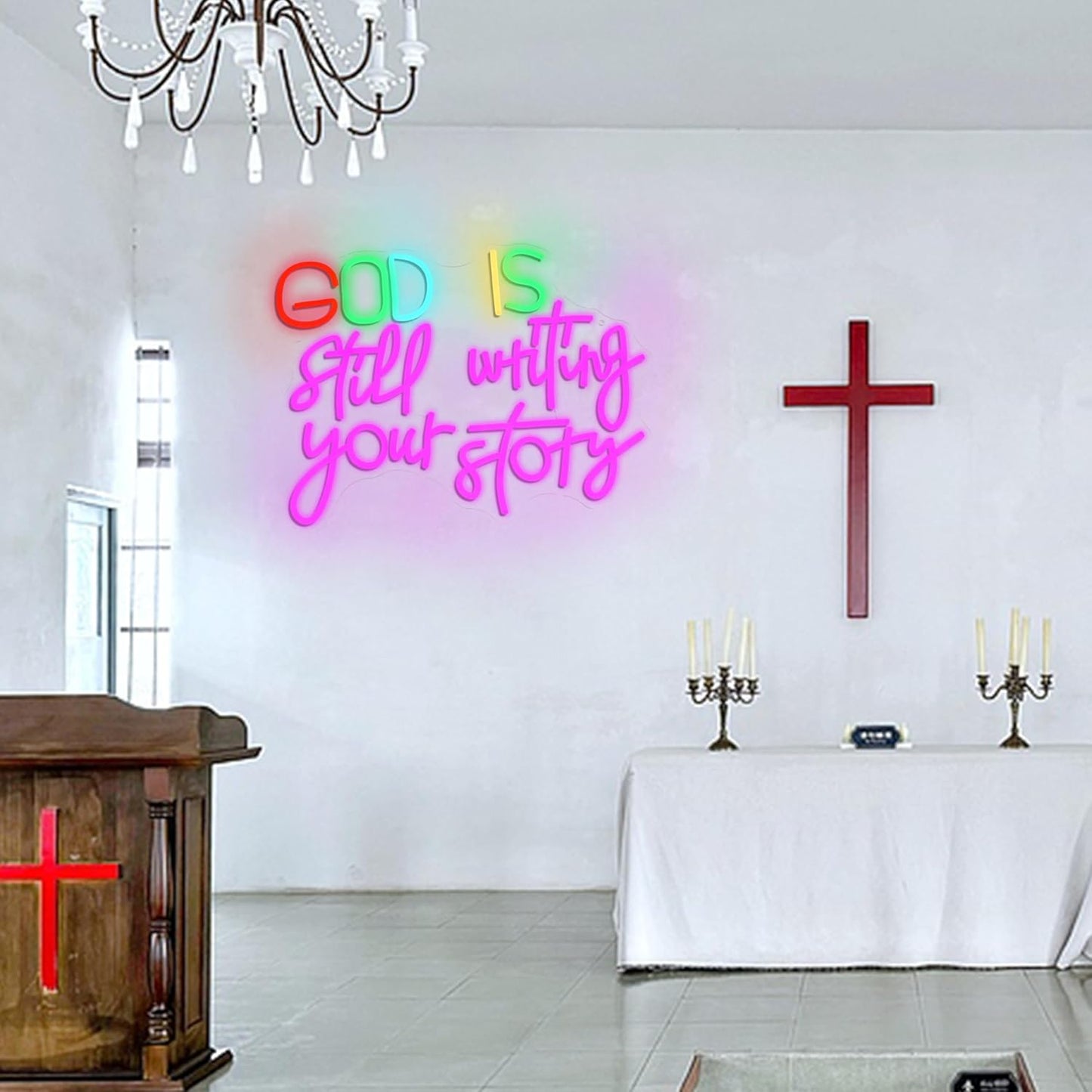 LISIGNVE God Is Still Writing Your Story Neon Sign USB Powered Christian Neon Light Sign Wall Decor Dimmable LED God Neon Light for Church Bedroom Wedding Birthday Party Neon Sign(16.5”*12.6”)