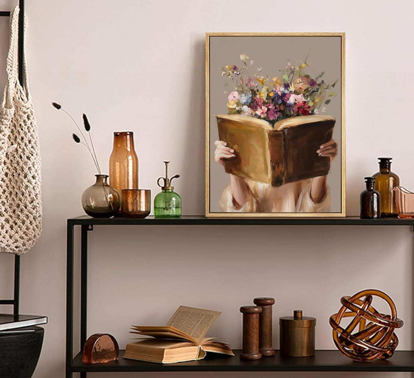 Framed Vintage Reading Woman Wall Art Floral Book Painting Picture Canvas Wall Decor Reading Aesthetic Poster Print Artwork for Library Living Room Dorm Bedroom Home Decoration