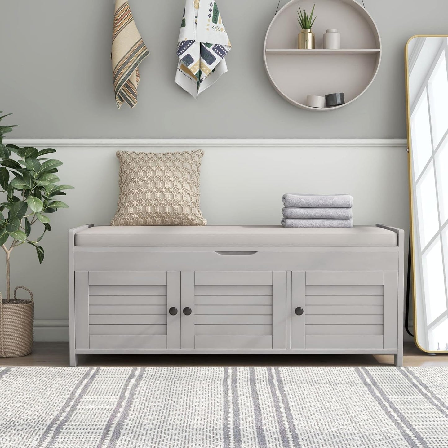 Wood Storage Bench 3 Shutter-Shaped Doors,Multifunction Shoebox,W/ 2 Size and Removable Cushion & Hidden Savings Space,for Entryway,Bedroom,Living Room,Gray Wash