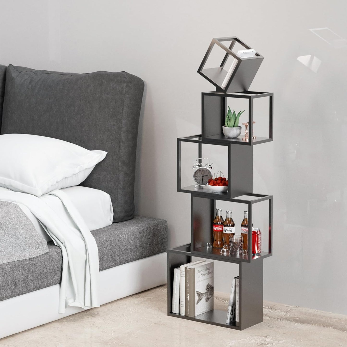 5-Tier Black Unique Metal Bookshelf – 52" Modern Bookcase for Books, CDs & Collectibles – Stylish Storage & Display Shelf for Living Room, Bedroom, Office