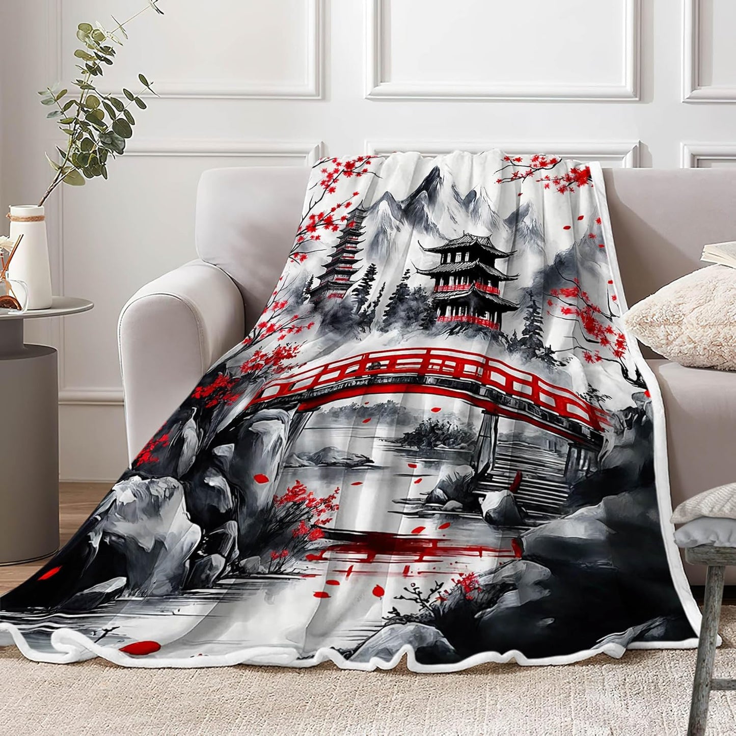 DYNH Japanese Cherry Blossom Throw Blanket, Mountain Cherry Branches Red Sun Ink Painting Asian Nature Scenery Soft Warm Flannel Black White Grey Throw Blanket,50X60