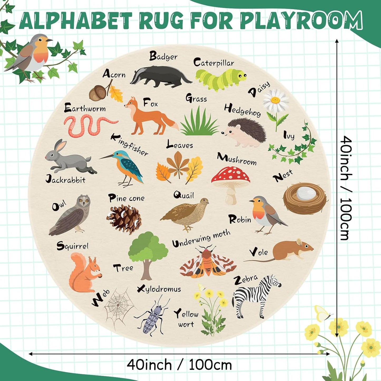 Capoda Alphabet Round Rug for Playroom Learning Alphabet Mat Woodland Animal Carpet Education Crawling Rug for Nursery Toddler Kids Bedroom Reading Corner Decor Supplies, 40 Inch