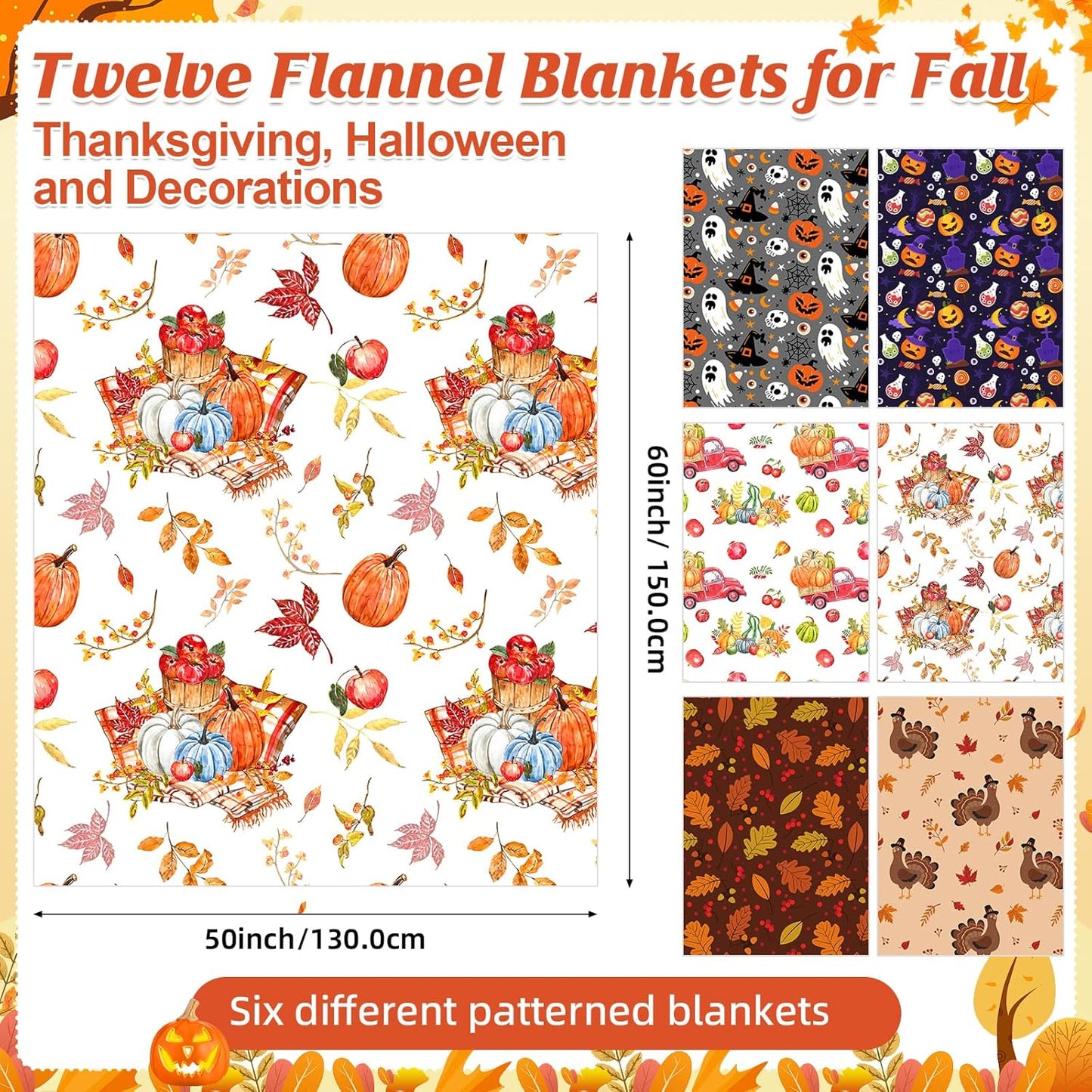 6 Pack Thanksgiving Day Throws Blanket Bulk in Bulk Autumn Thanksgiving Flannel Blanket Fall Pumpkin Turkey Lightweight Throw Soft Warm Fluffy Plush Quilt for Living Couch Dorm, 50 x 60 Inch