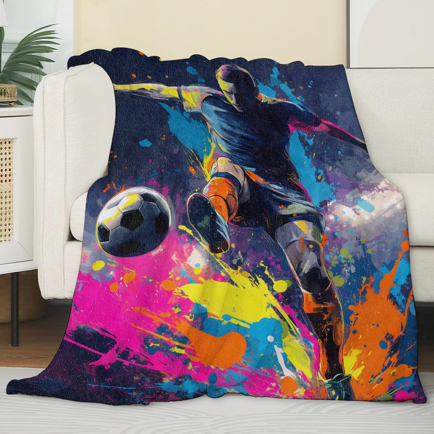 Colorful Soccer Flannel Blanket, Soft Cozy Throw with Sport Ball Football, Lightweight Blankets for All Seasons, Vibrant Home Sofa Bed Decor and Gifts for Men Boys Athlete, 50x60 Inch