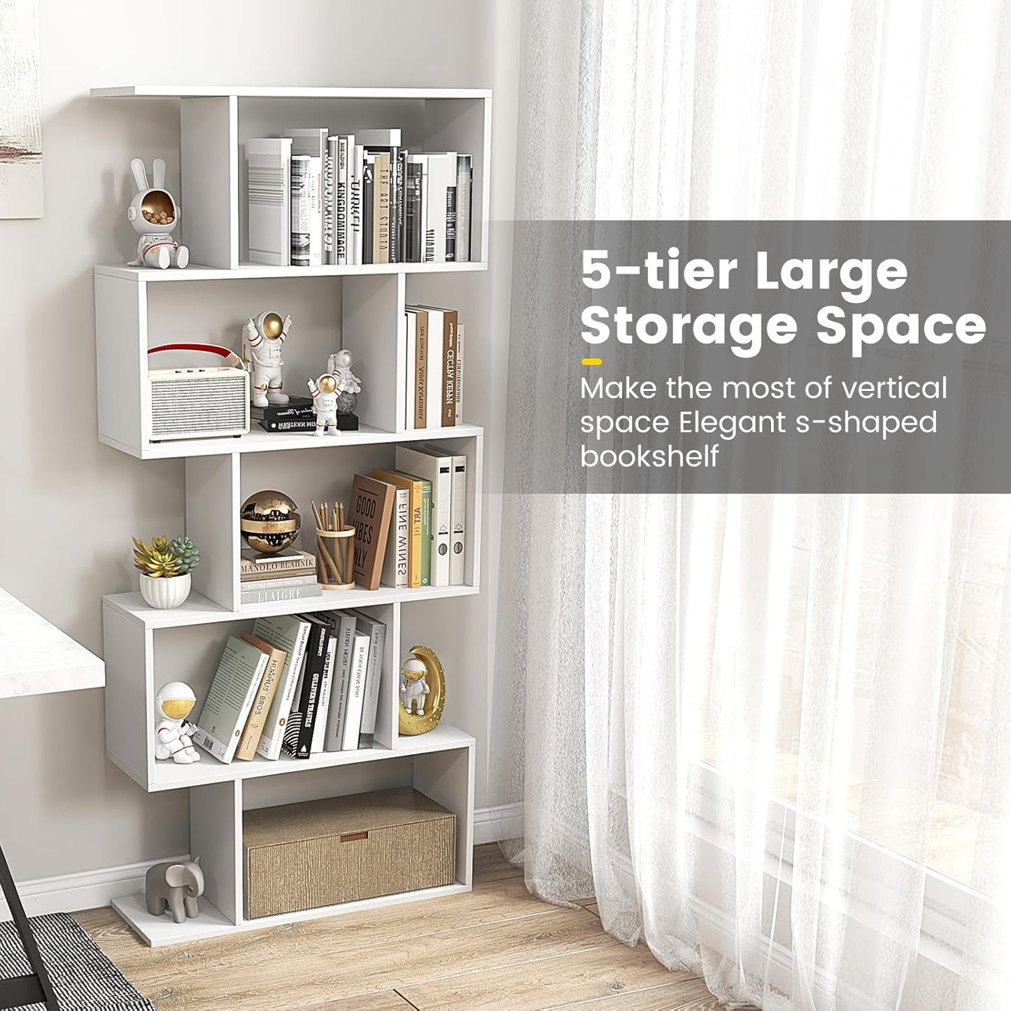 LOKO 5-Tier Bookshelf, S-Shaped Book Case with Anti-Toppling Device, Freestanding Home Organizer Room Divider Display Shelf, Open Storage Rack for Bedroom, Study (1, White)
