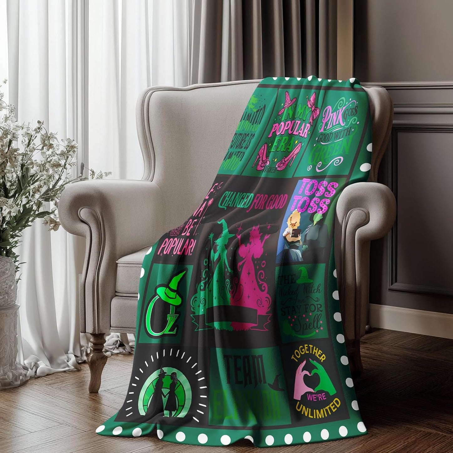 50'' x 40'' Witch Green Vintage Flannel Blanket, Evil Gift Queen Throw Broom, Elphaba Hat Glinda Magic Movie Land Blanket, All Seasons Warm Cozy Soft Blanket for Sofa Bed Halloween Women Girls Fans 1