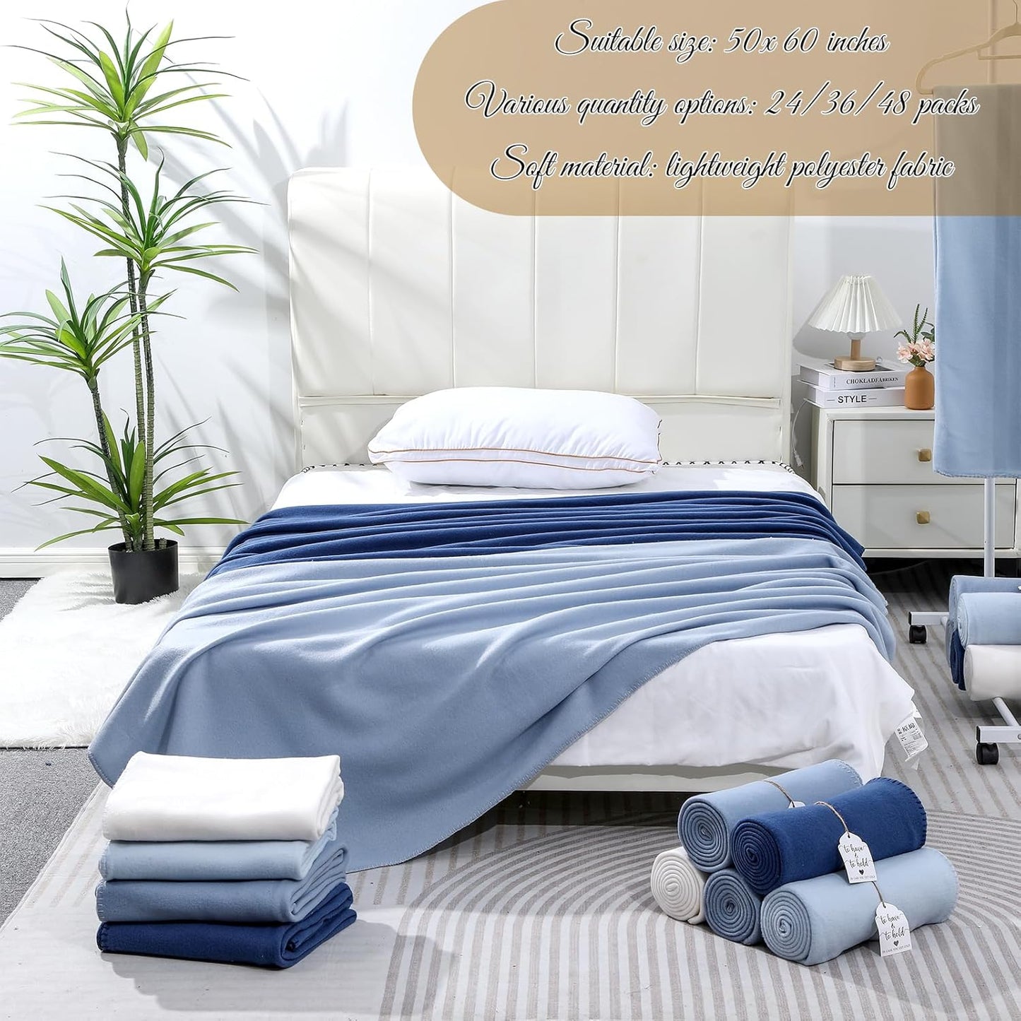 48 Pack Wedding Fleece Blankets Bulk 50 x 60 Inch Soft Lightweight Throw with to Have to Hold Card for Guests Lap Sleepover Spa Slumber Favors Gifts for Seasons (Gradient Blue)