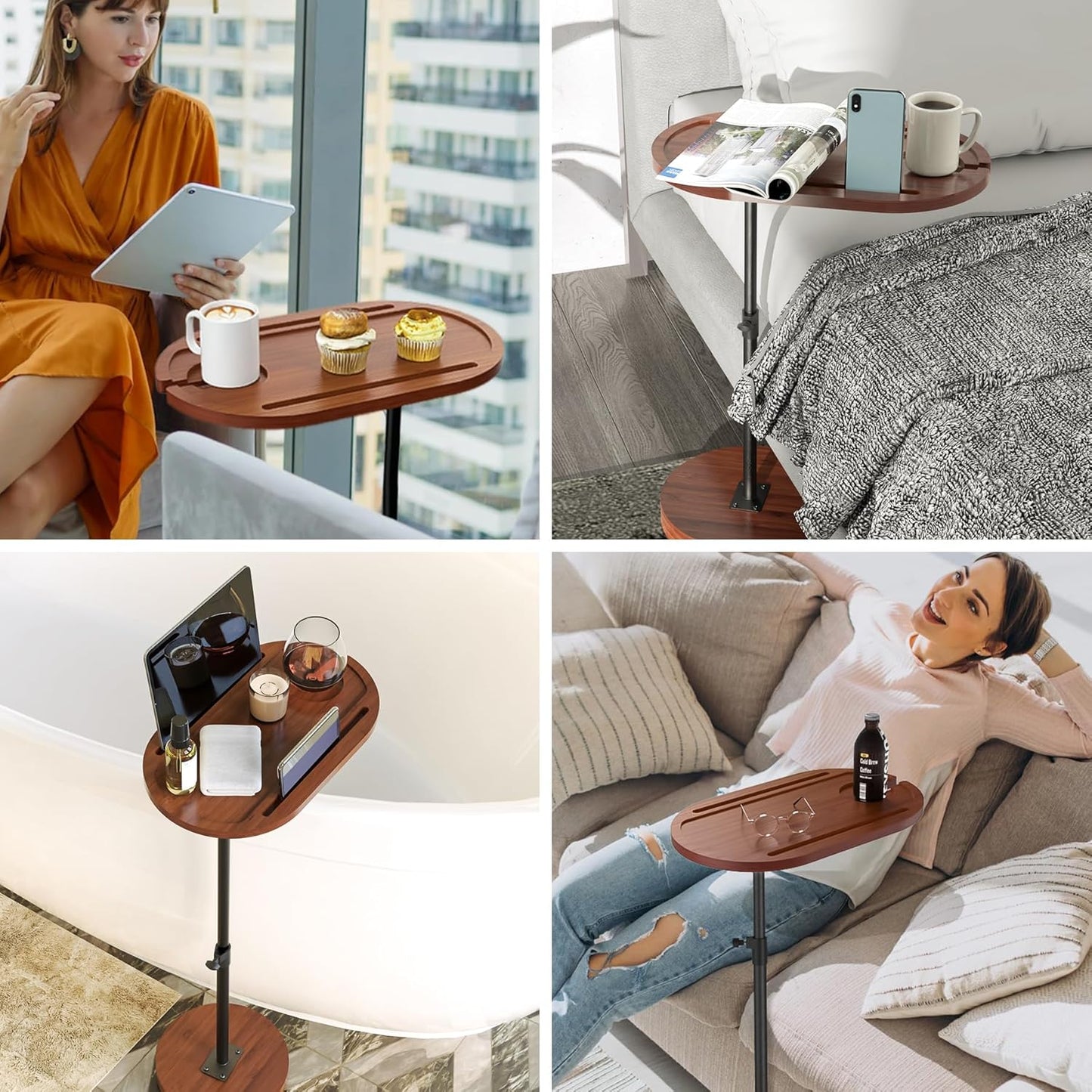 NiHome Bamboo Swivel Sofa Armrest Tray Table for Couch with Thickened Stable Base, Adjustable Height TV Tray Side Table with 360° Rotating for Bath Tub Hot Tub Bedside Balcony, Brown