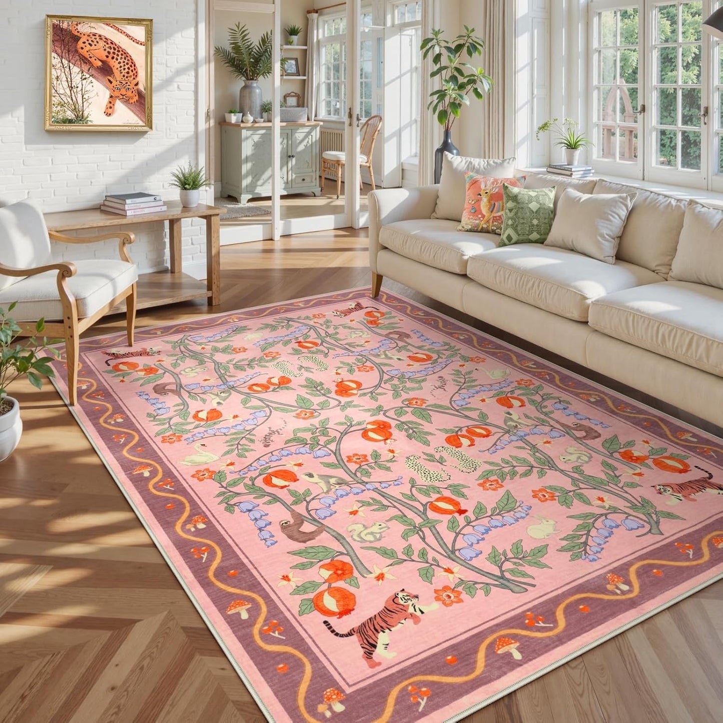OJIA Animal Print Washable Rugs 5x7 Nursery Rug, Soft Pink Playroom Rug Non-Slip Boho Area Rug, Ultra-Thin Modern Floral Living Room Carpet for Bedroom Kids Room Classroom Office