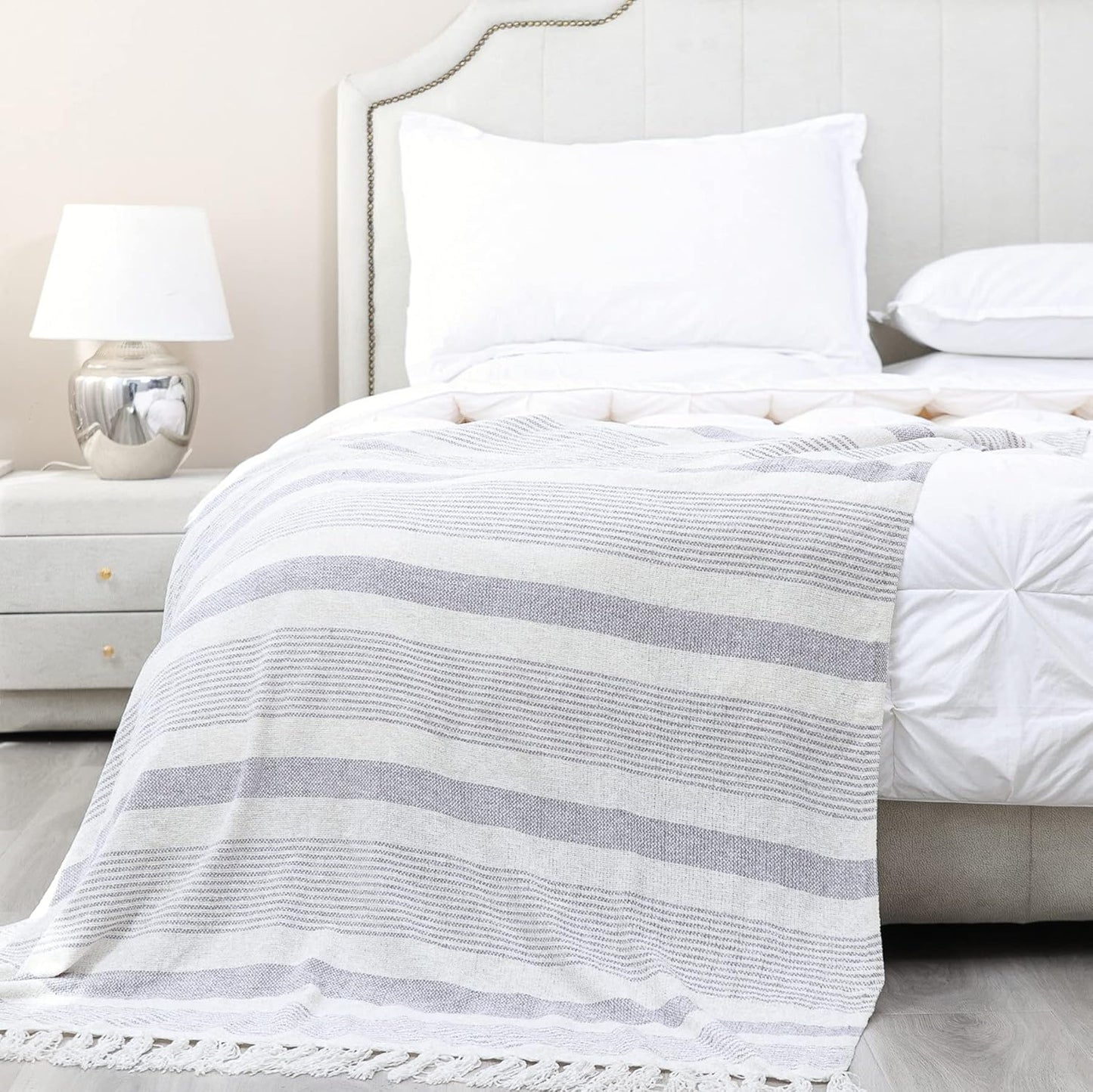 Decorative Grey Ivory Striped Throw with Fringe, Soft Chenille Knitted Farmhouse Lightweight Blanket with Tassels for Couch Sofa Chair Bed Office Home Décor, Gray and Off White,50" x 60"