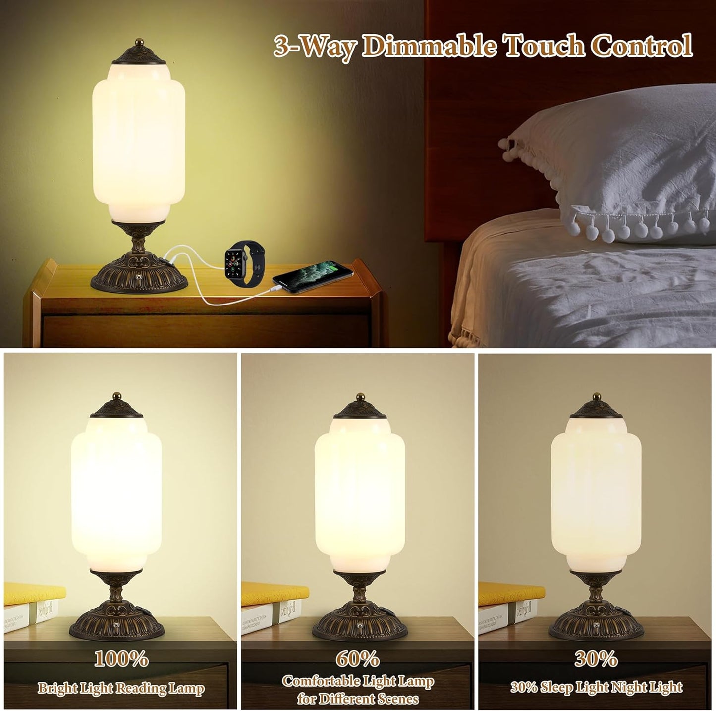 Vintage Milk Glass Table Lamp - 3 Way Dimmable Touch Control - White Bedside Lamps with USB C+A Charging Ports - Cute Art Deco Modern Living room End Table Lamp for Bedroom Nightstand Tabletop(Bulbx1)