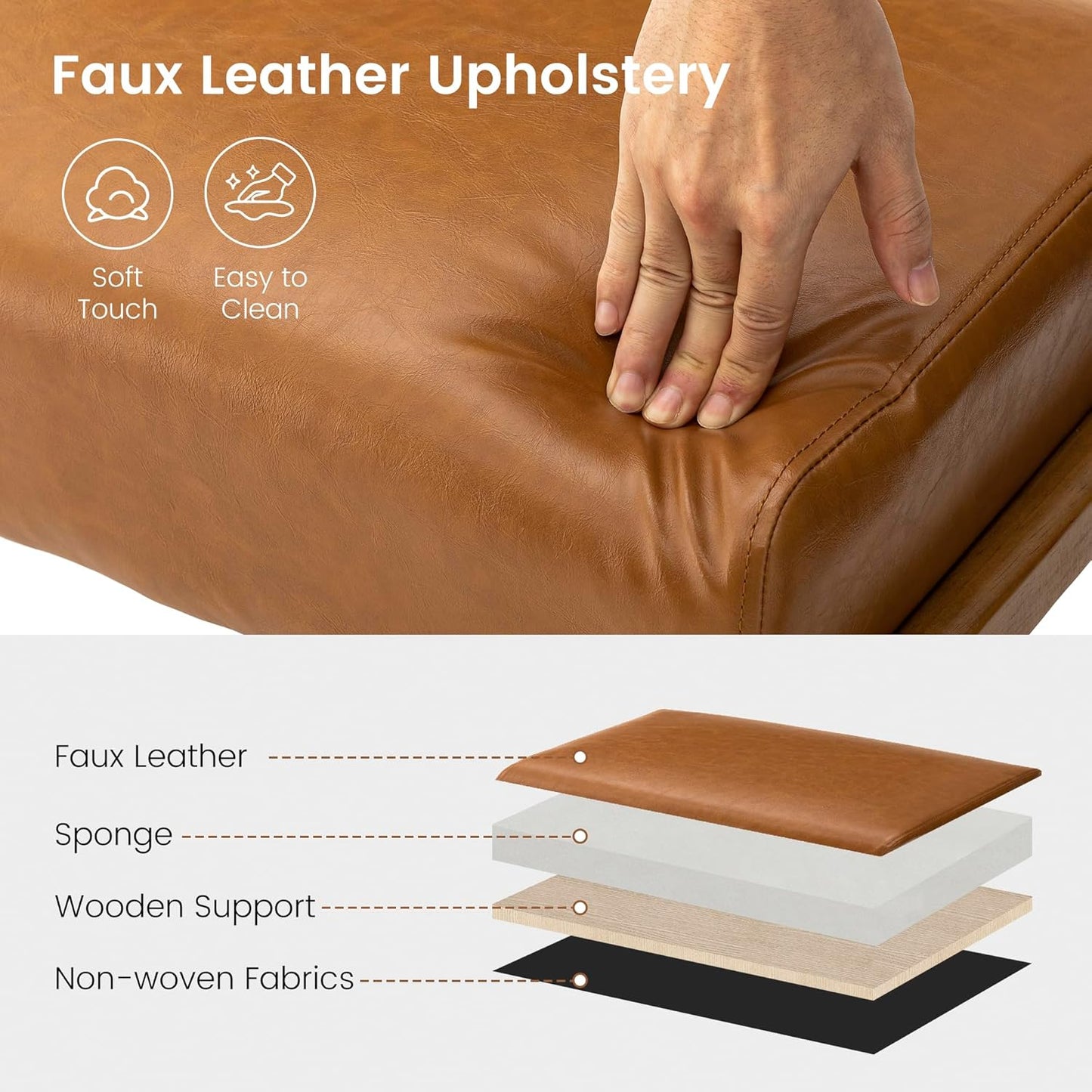 Glitzhome 15.5"(H) Footrest Stool, Leatherette Ottoman, Accent Padded Sofa Foot Stool for Accent Chair, Wood Frame Foot Rest Ottoman for Living Room, Bedroom, Yellowish-Brown