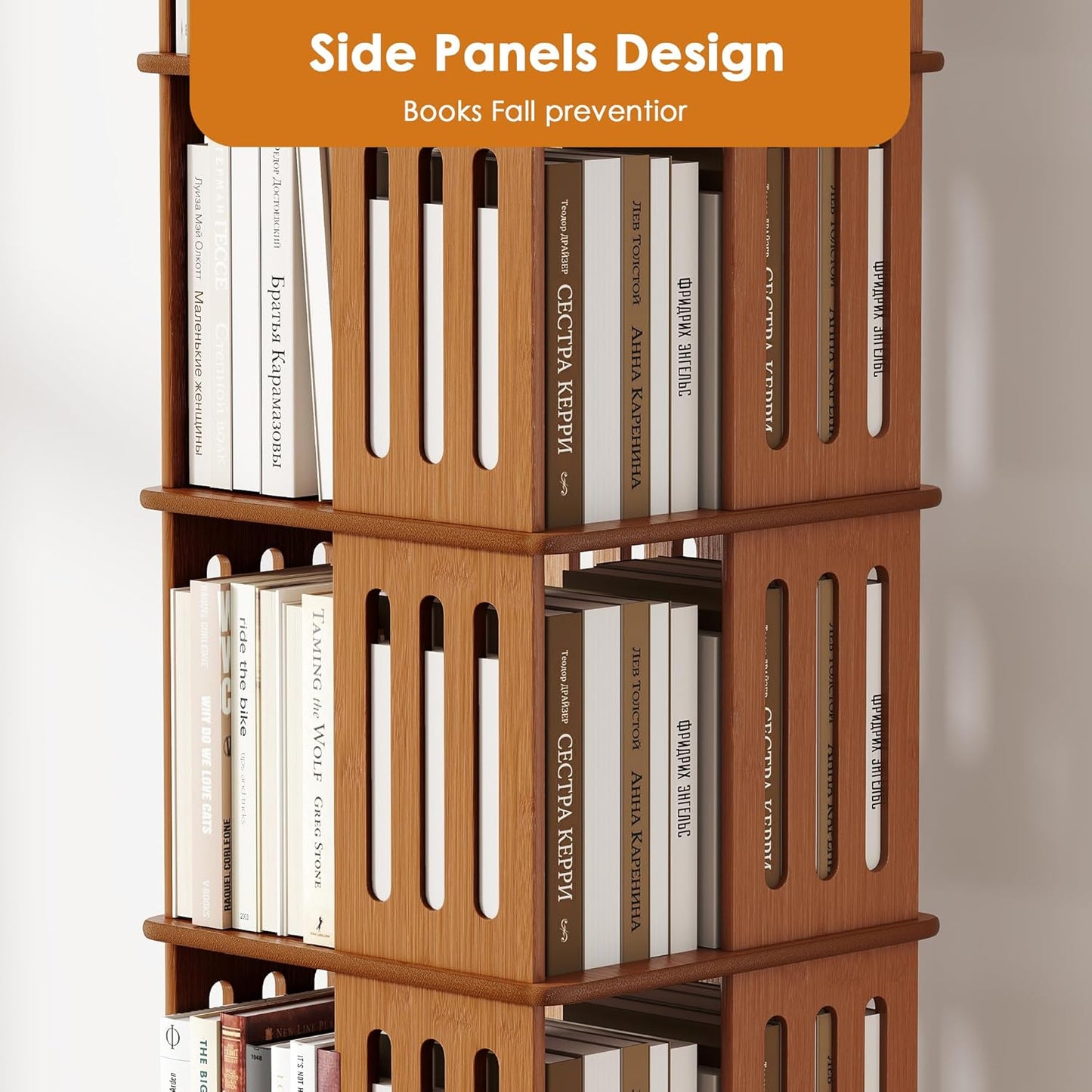 Rotating Bookshelf Tower 6 Tier 360° Bamboo Spinning Bookcase Tall Square Revolving Book Shelf Floor Standing Vertical Space-Saving Storage for Kids Rooms Living Room Bedroom Office - Walnut
