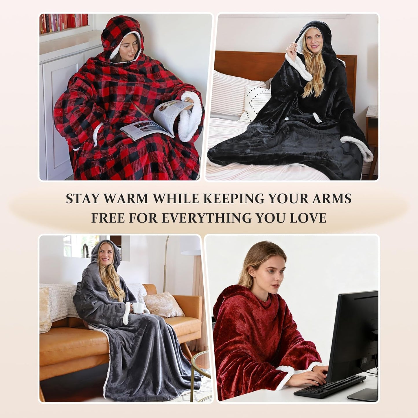 Tirrinia Hooded Wearable Blanket with Sleeves, Full Body Throw Reading Wrap TV Blankets, Cozy Flannel Blanket Robe, Snuggle Gift for Adult Women Men Mom Grandma