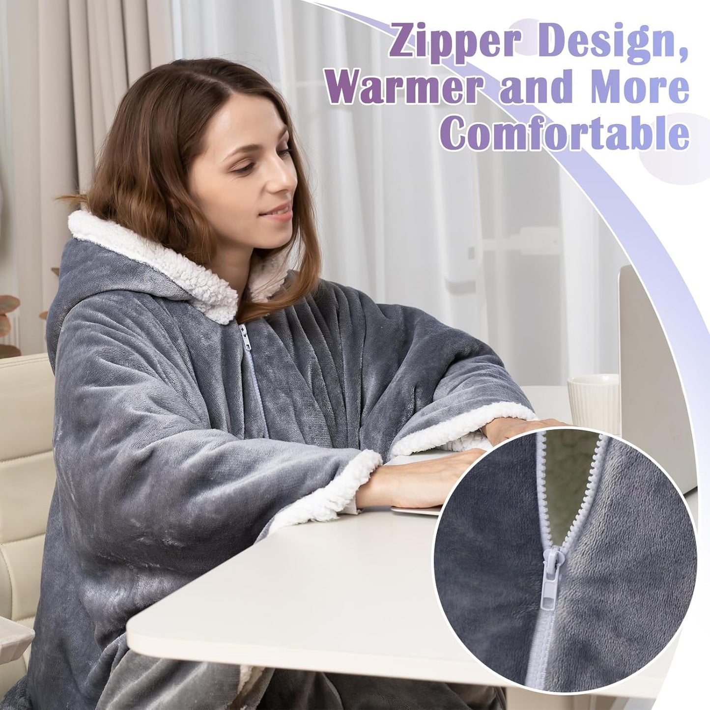 Wearable Heated Blanket Heated Shawl, Electric Throw Blanket with Zipper Design, Hood, Heated Hoodie Blanket with 8 Heat Levels, 1-10H Auto-Off Time Settings, Gift for Family, Friends, 60 * 50"