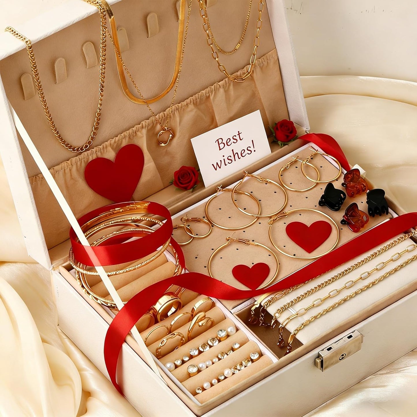 YEEZII 56 Pcs Gold Jewelry Set for Women with 5Pcs Layered Necklace, 5Pcs Layered Necklace, 12 Bracelets, 4 Hoop Earrings, 8 Stackable Rings, 10 hairpins, 12 Studs Earrings Jewerly set for Women