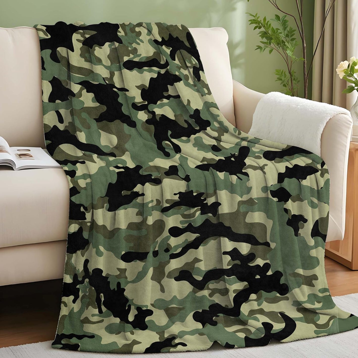 Green Camo Throw Blanket Military Style Flannel Blankets for Couch Bed Living Room Sofa, Decorative Patterned Super Soft Cozy, 50x60 in