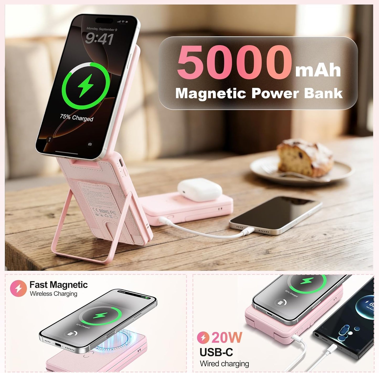 5000mAh Wireless Magnetic Power Bank, for MagSafe Portable Charger with Stand, Light Makeup Mirror, Bluetooth Selfie & USB-C Cable for iPhone17/16/15/14/13/12 Pink Travel Essential for Women