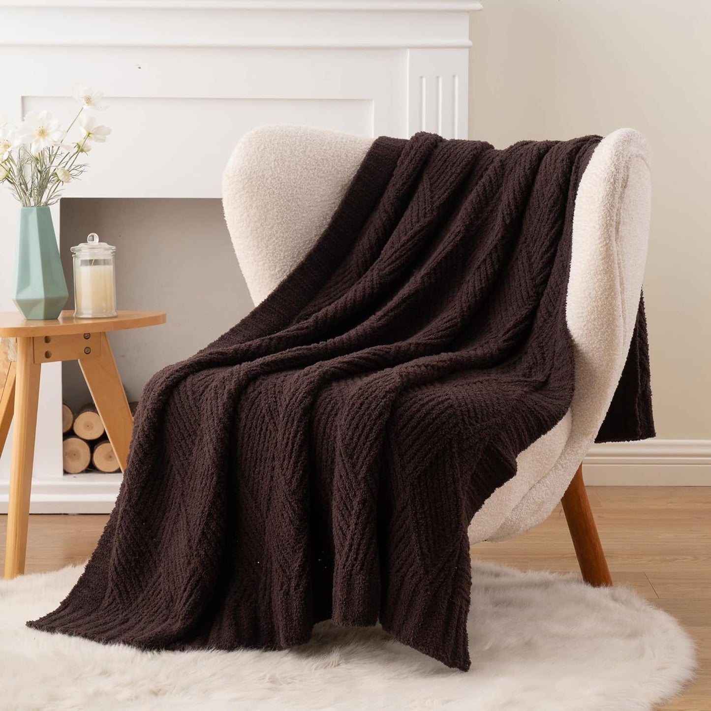Battilo Brown Chenille Throw Blanket for Couch, Soft Diamond Textured Knit Blanket, Cozy Lightweight Decorative for Sofa, 50"x60"