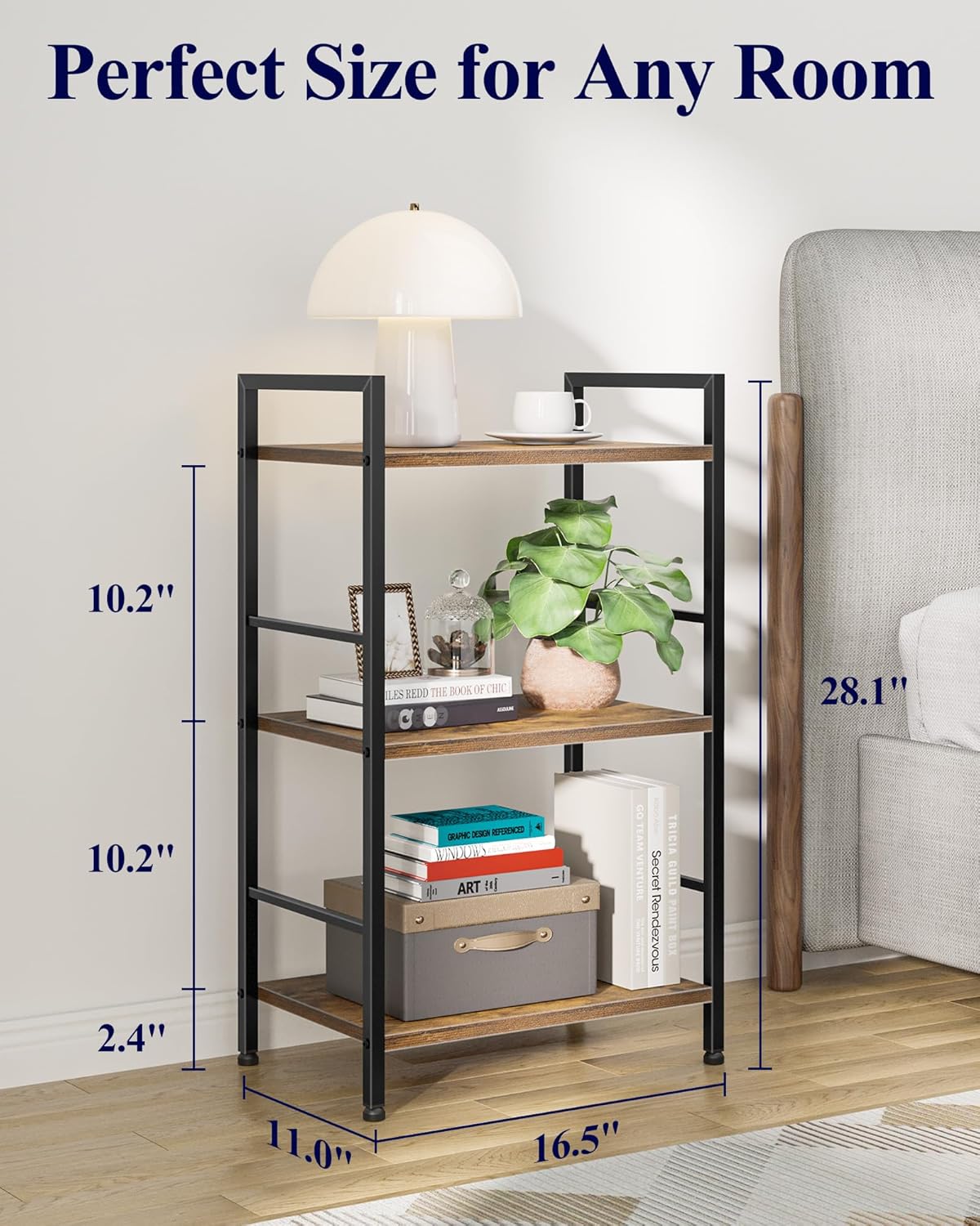 Kitsure 3-Tier Book Shelf - Wood & Metal Bookshelf with Handle & Adjustable Feet, Lightweight Bookcase for Living Room, Bedroom, Kitchen, Office or Dorm (16.5"×11.0"×28.1")