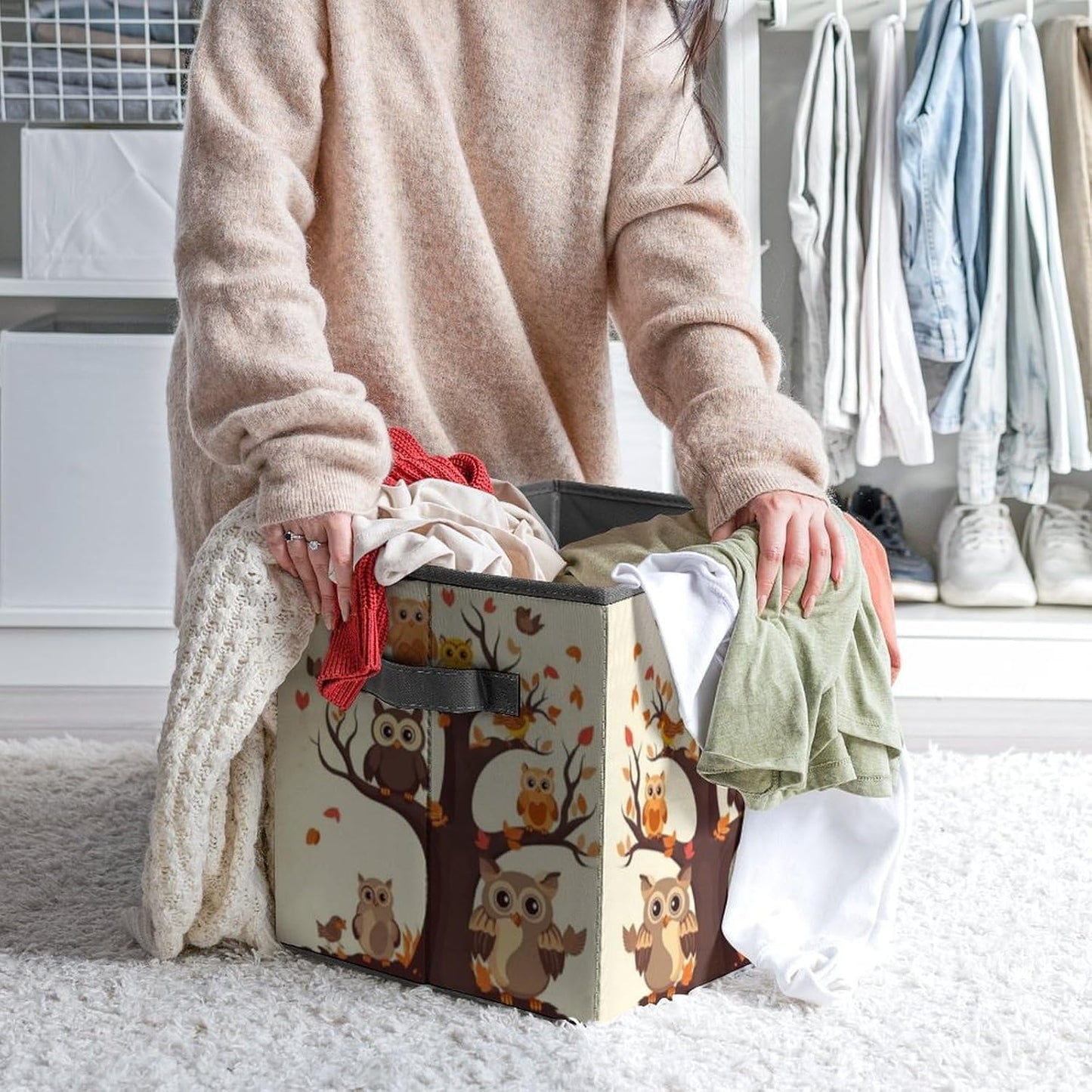 Cartoon Family Owls On The Brown Tree Storage Bins with Handles Fashion Large Storage Cubes Sturdy Foldable Storage Boxes Space-Saving Storage Baskets for Home Office Clothes Closet Organizers