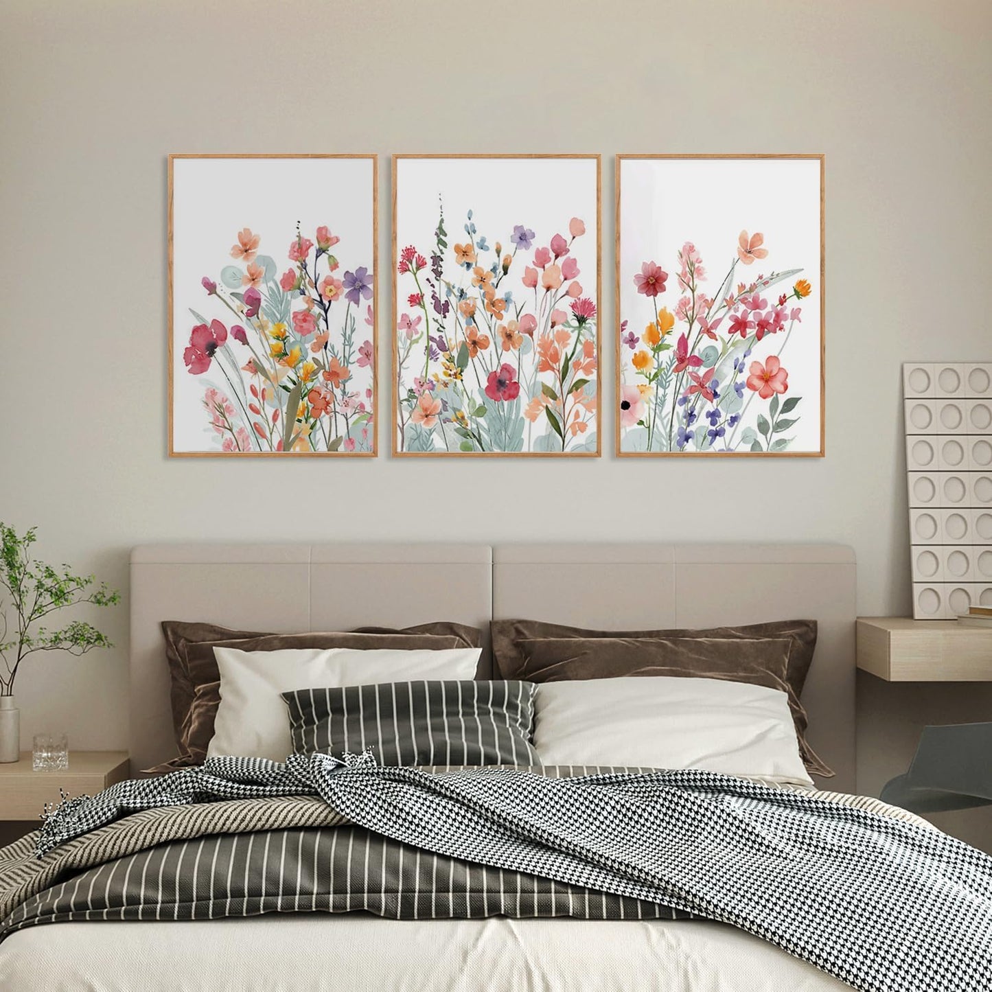 MTFBWY 3Pcs Framed Wildflower Canvas Wall Art – Red Floral Wall Art Watercolor Prints, Pink Botanical Artwork, Colorful Flower Pictures Decor Printing for Living Room, Bedroom, Bathroom 16L x 12W