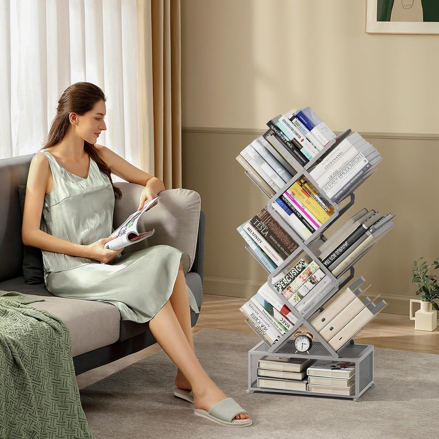 Metal 6 Tier Bookshelf, No Assembly Needed Foldable Bookcase with Storage Cabinet, Industrial Standing Shelf for Home Office Living Room, Gray