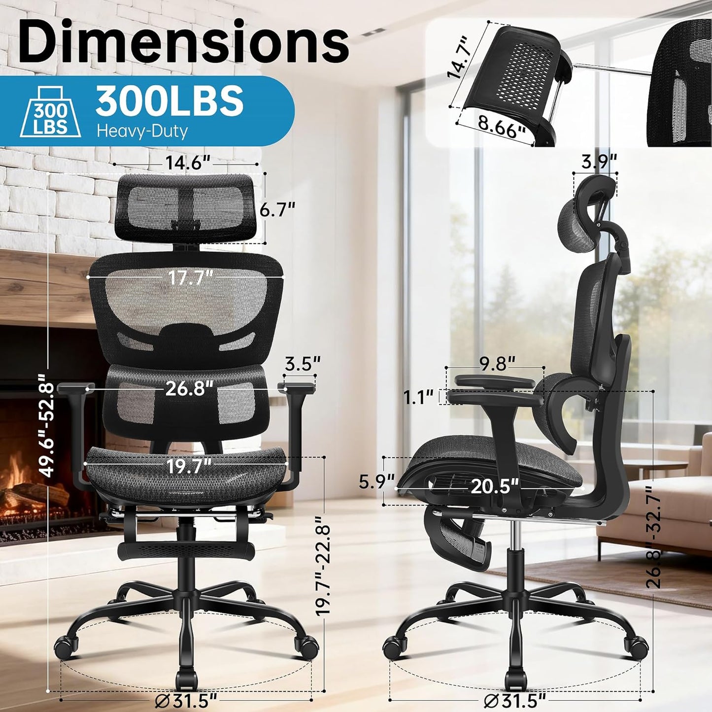 AreShark Office Chair Ergonomic Desk Chair,High Back Computer Chair with 3D Headrest & Armrests,Gaming Chair with Lumbar Support,90-135°Tilt Lock Mesh Office Chair with Footrest,Wheels,Black