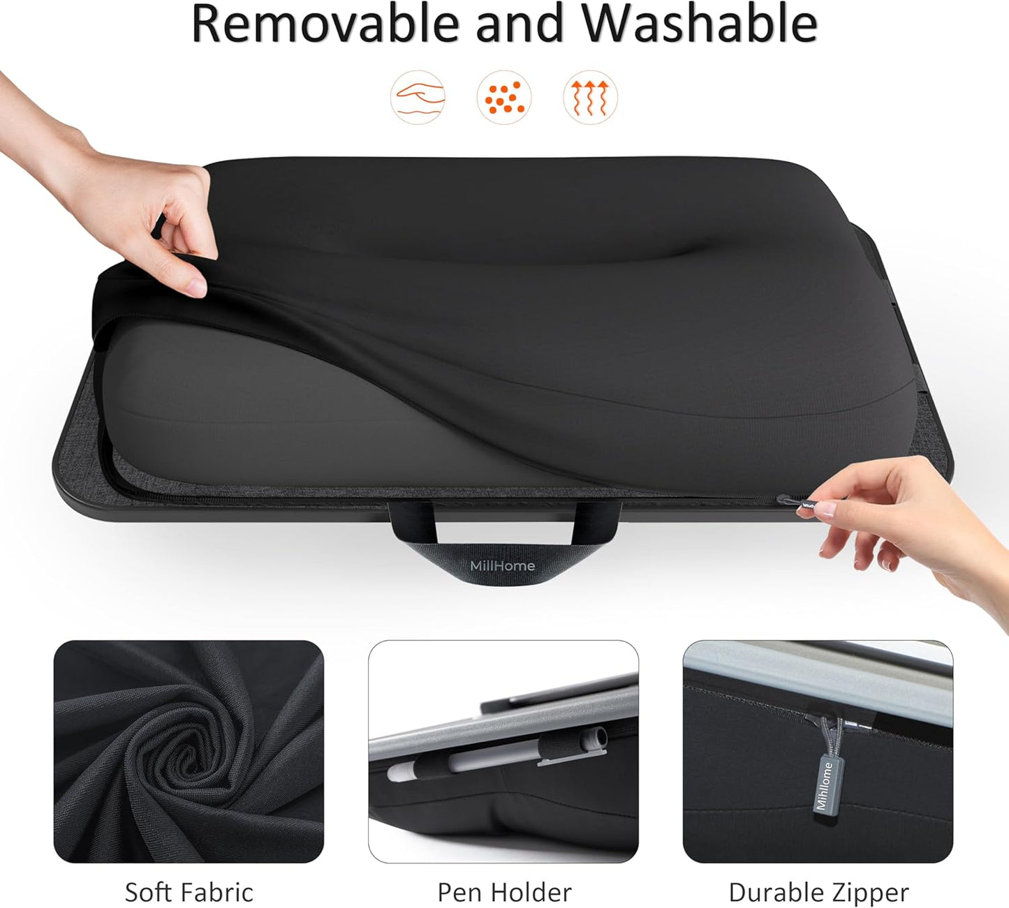 Millhome Lap Desk | Portable Laptop Desk – Fits Up to 17.3" Laptops – Washable Cushion, Adjustable Strap, Phone Holder – Ideal for Short Road Trips or Writing, Working, Reading on Bed, Couch – Black