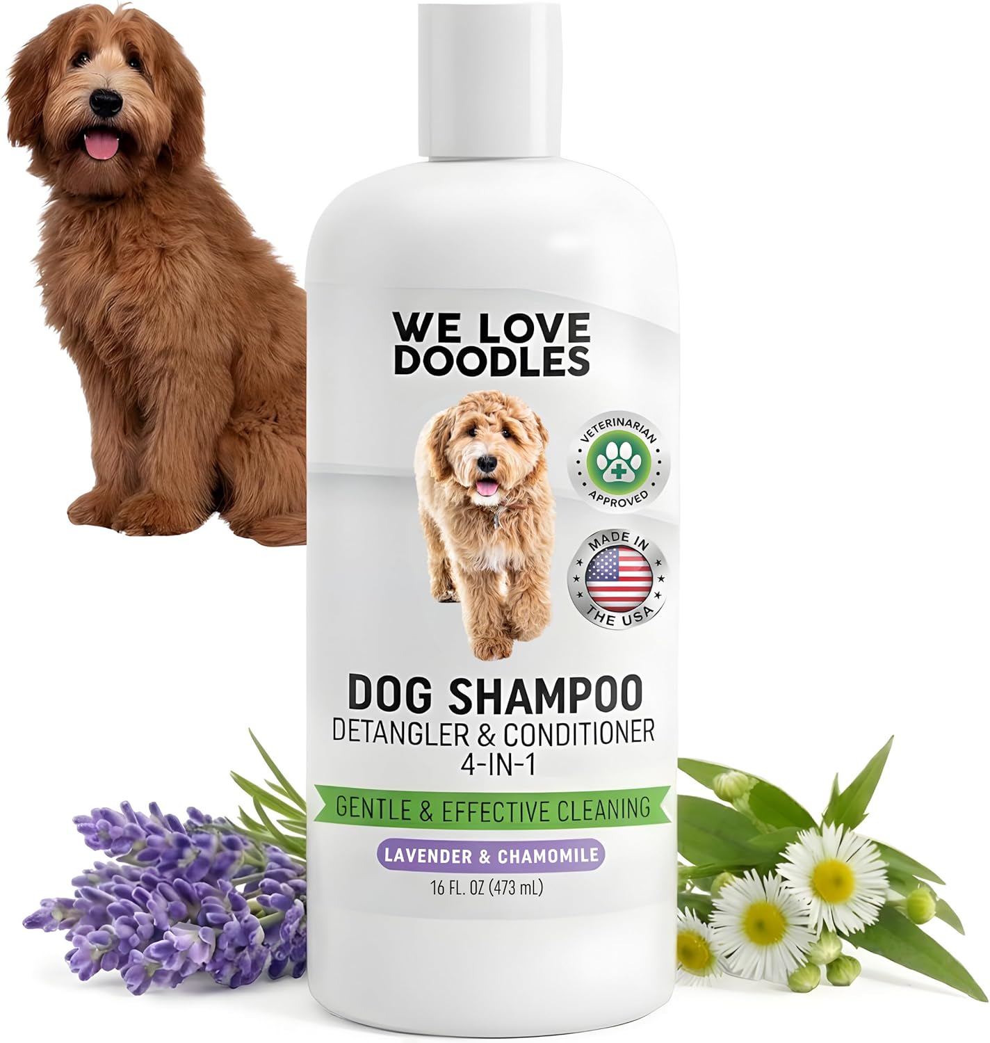 Dog Shampoo, Conditioner & Detangler - Best Shampoo for Goldendoodles, Poodles & Doodles Pet Hair - Hypoallergenic, Tearless, Sensitive Skin for Puppies & All Dog Breeds - Made in USA, 16OZ (Lavender)