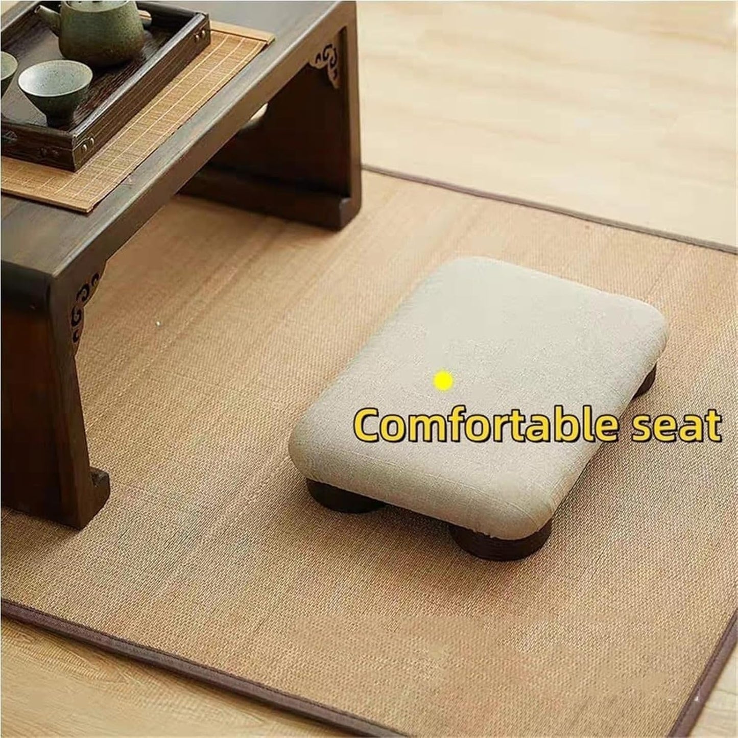 Meditation Floor Cushion with Wooden Legs,Portable Seating Pillow for Yoga, Tea Ceremony,and Living Room, Soft Linen Fabric, Low Profile Floor Seat for Adults(18 * 13.7 * 3.1inch, A)