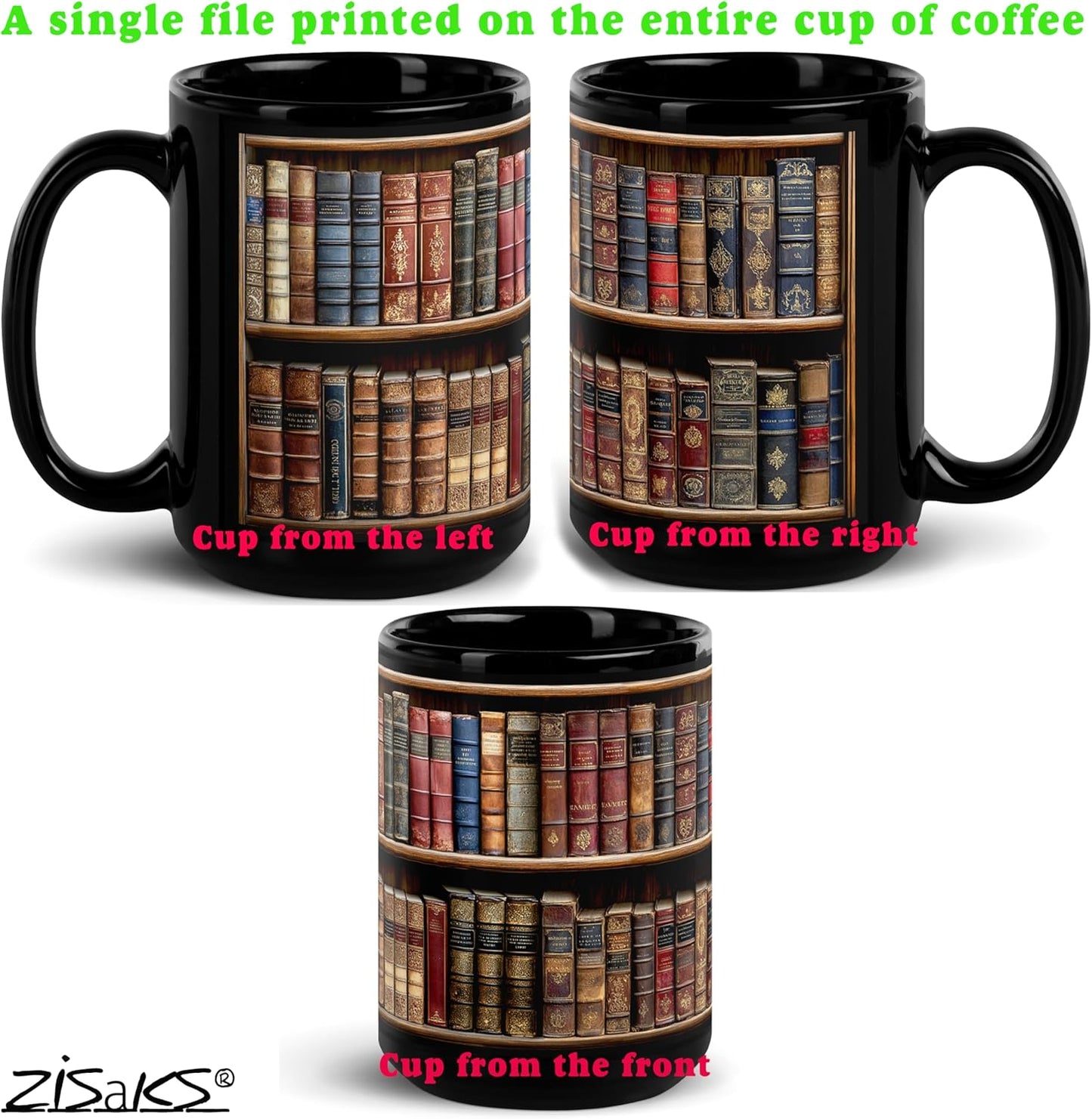 Book Mugs For Book Lovers: 15oz Capacaty, Made of Glossy Black Ceramic Perfect Reader Gifts, Bookshelf Design (Black, 15 oz B)