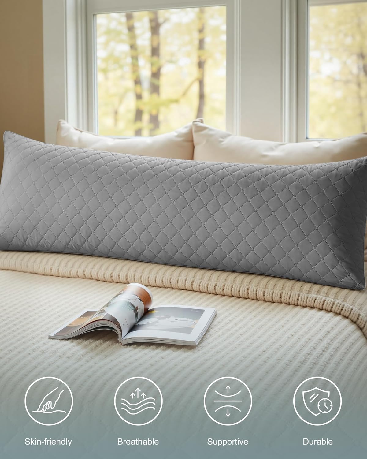 YZ HOME Long Body Pillow for Adults - Firm Body Pillow Insert with Shredded White Memory Foam, Adjustable Height, Soft Support for Side Sleeping, Pregnant Women, Washable (Grey, 20x54 Inch)