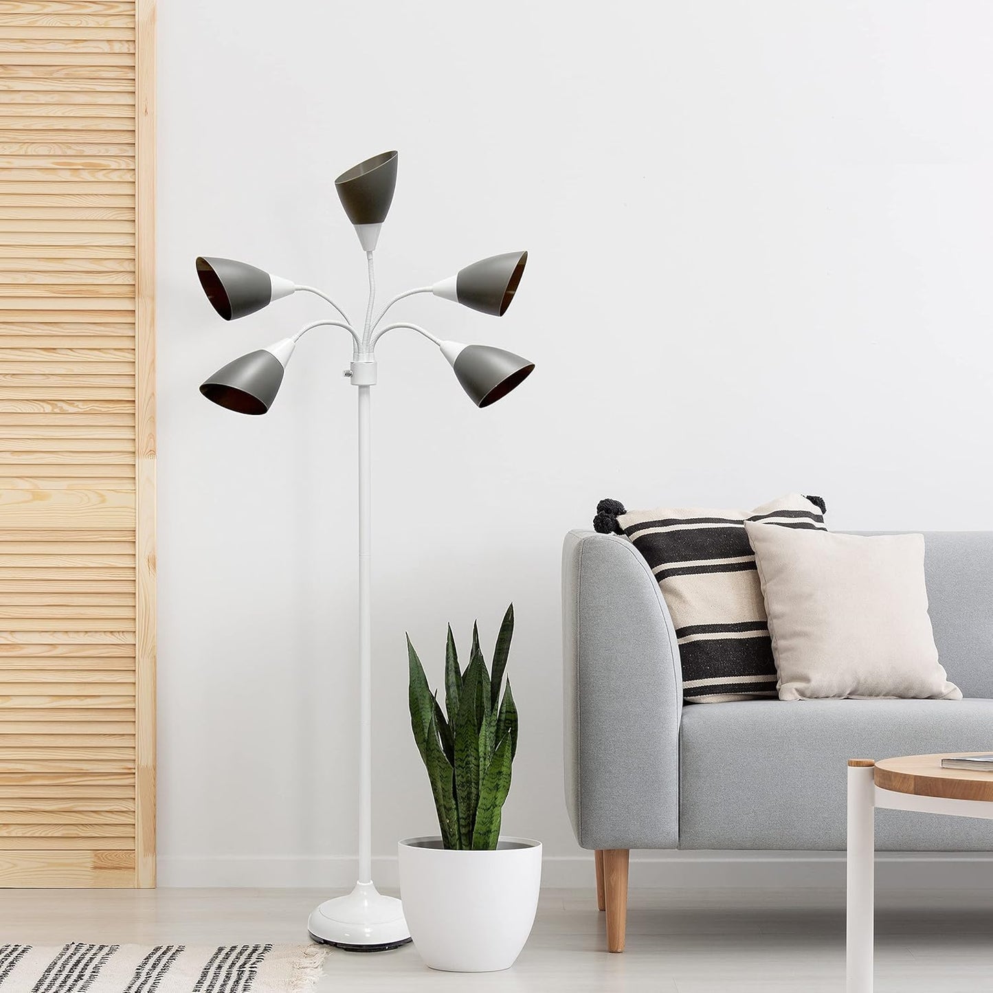 Simple Designs LF2006-GOW 67" Contemporary Multi Head Medusa 5 Light Adjustable Gooseneck White Floor Lamp with Gray Shades for Kids Bedroom Playroom Living Room Office