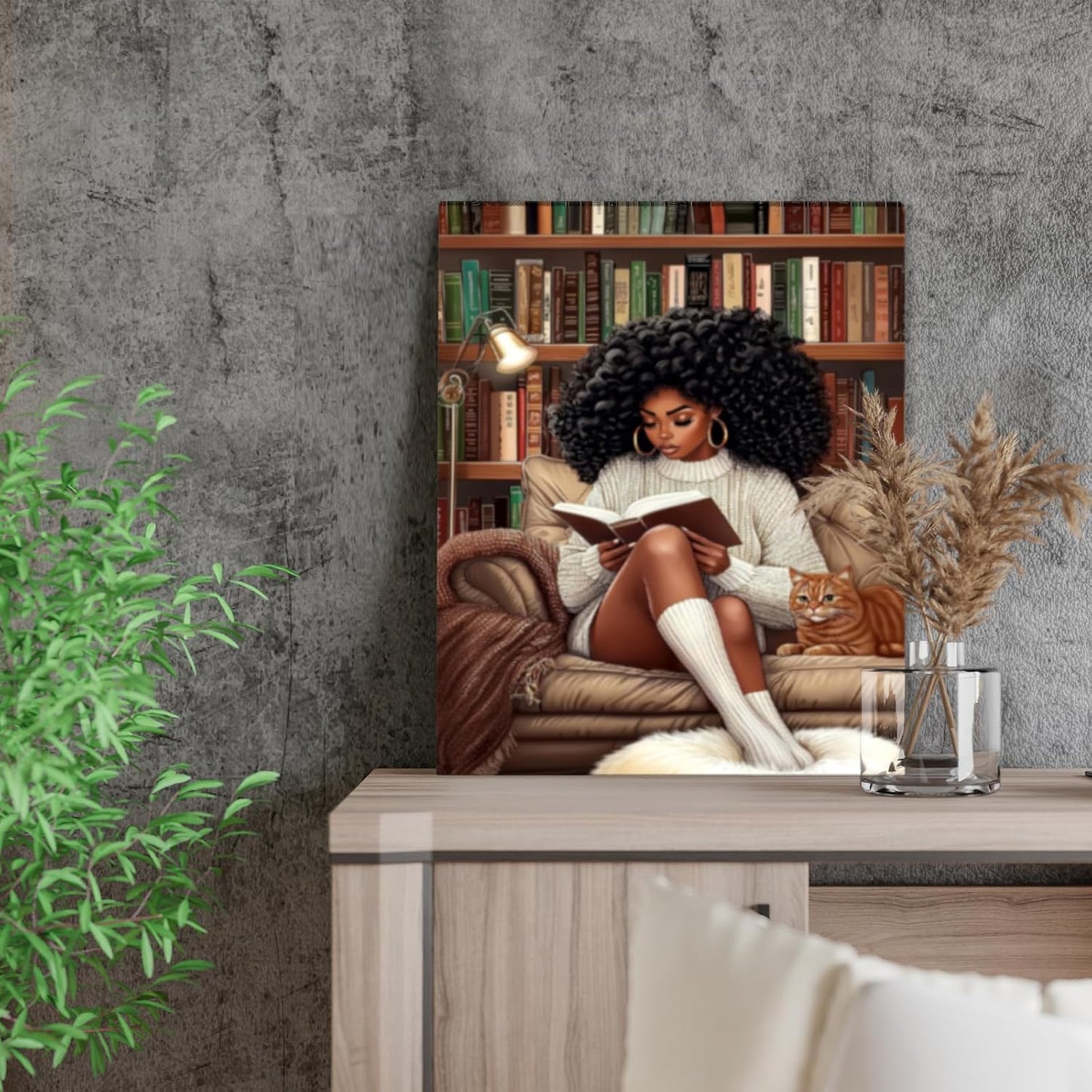 African American Wall Art Black Girl Reading Book Pictures Canvas Wall Decor Gift Afro Black Women Print Painting Framed Artwork for Teenager Living Room Bedroom Study Reading Room 16"x20"