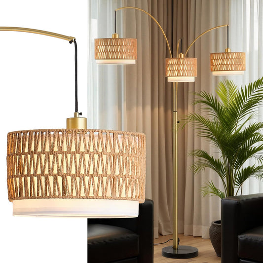 Gold Rattan Floor Lamp for Living Room, 80 Inch Tall Boho Floor Lamp with Rotary Switch, 3 Lights Arc Lamp with Wicker Shade for Coastal,Bohemian,Tree Farmhouse Standing Lamp