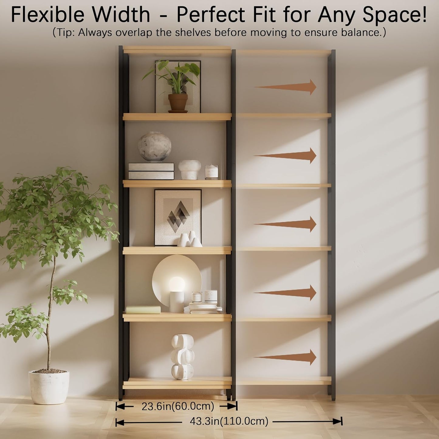 6 Tier Corner Shelf/Bookshelf, Deformable L Shaped Bookcase, Modern Tall Storage Display Rack with Sturdy Metal Frame for Home Office (Light Natural Wood Color)