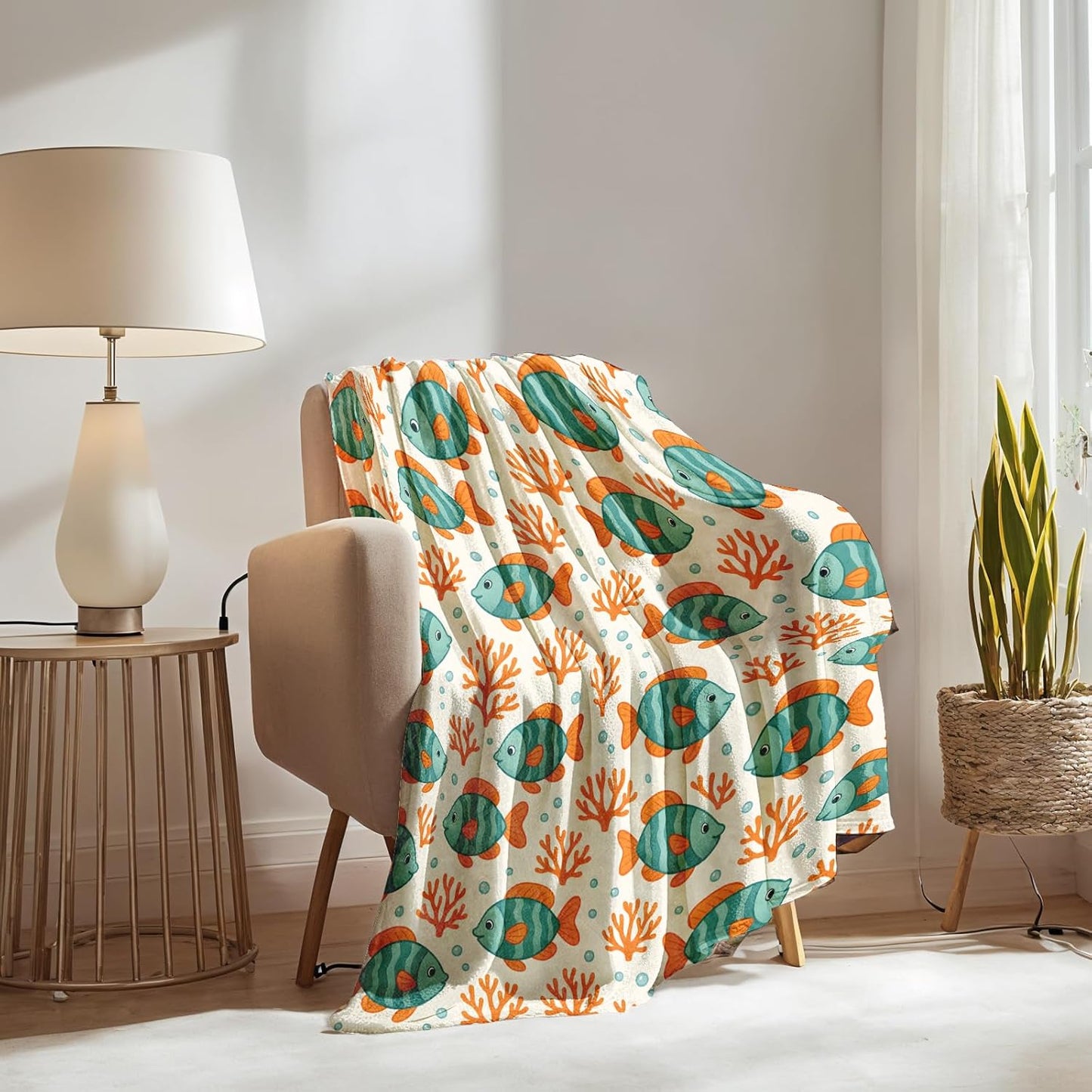 Fish Ocean Blanket Gifts for Boys Girls Kids, Cute Sea Animal Coral Warm Soft Flannel Throw Blankets for Travel, Sofa, Living Room, Bedroom Decor, 50x60 in