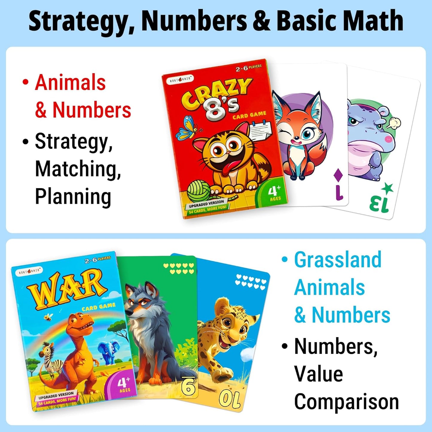 Upgraded Kids Card Games Pack, 6 Decks, Go Fish, Old Maid, Crazy Eights, Memory Match, Slap Jack, War, Playing Cards, Easter Basket Stuffers, Stocking Stuffers