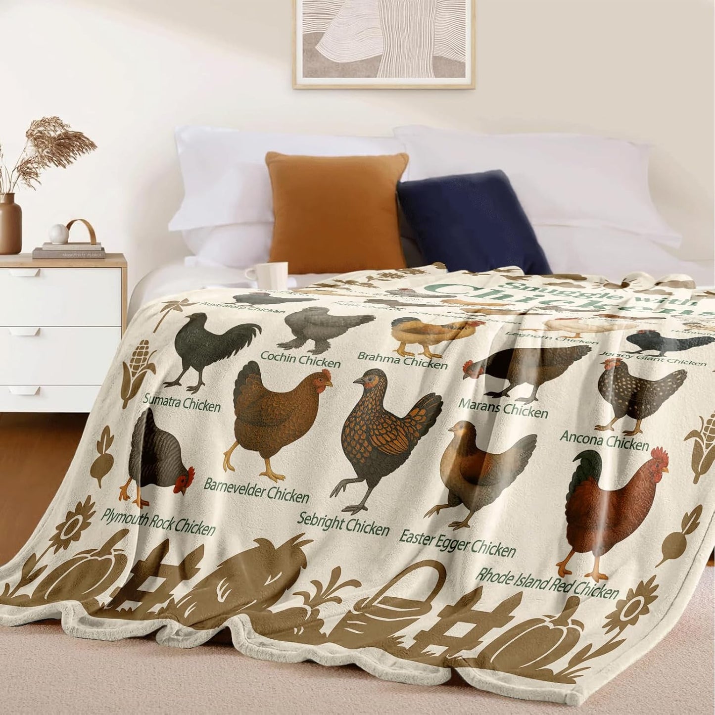 Snuggle with Chickens Throw Blanket 50 x 60 Inch, Chicken Breeds Chart Educational Farmhouse Decor, Cozy Poultry Lover Gift Birthday Christmas Housewarming (Chicken)