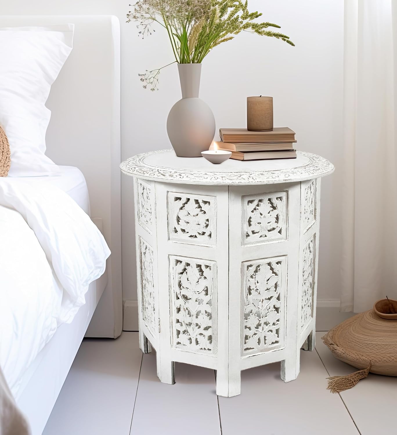 COTTON CRAFT Solid Wood Accent End Table - Hand Carved Vintage Boho Folding Side Table - Small Spaces Entryway Farmhouse Living Room Bedside - No Tools Assembly -18x18 Round - Jaipur Antique White