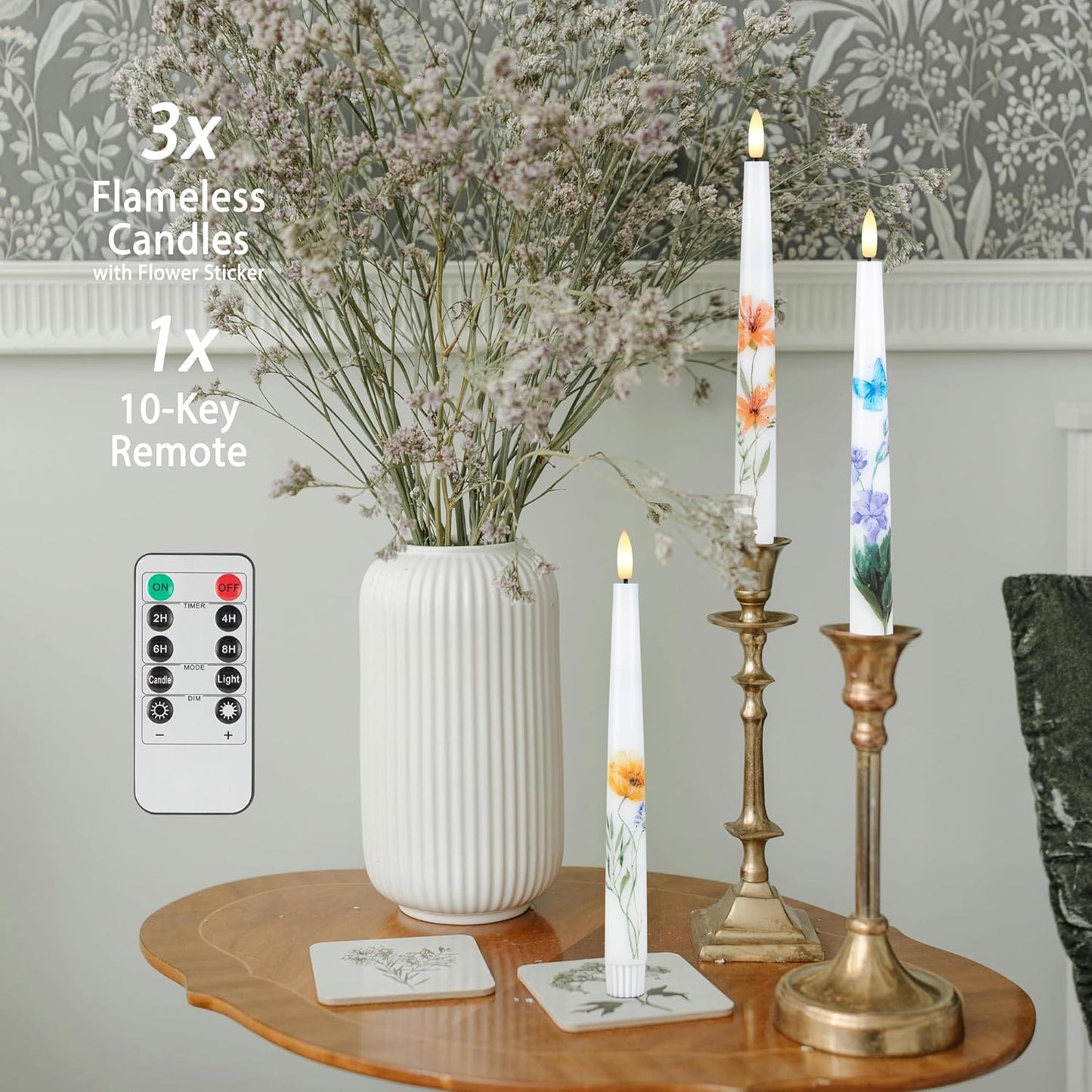 Spring Flameless Taper Candles with Flowers, 9.6" Real Wax LED Candles with Remote, 3 Pack Flickering Candlesticks Battery Operated, Fake Candle for Home, Wedding, Party Decor