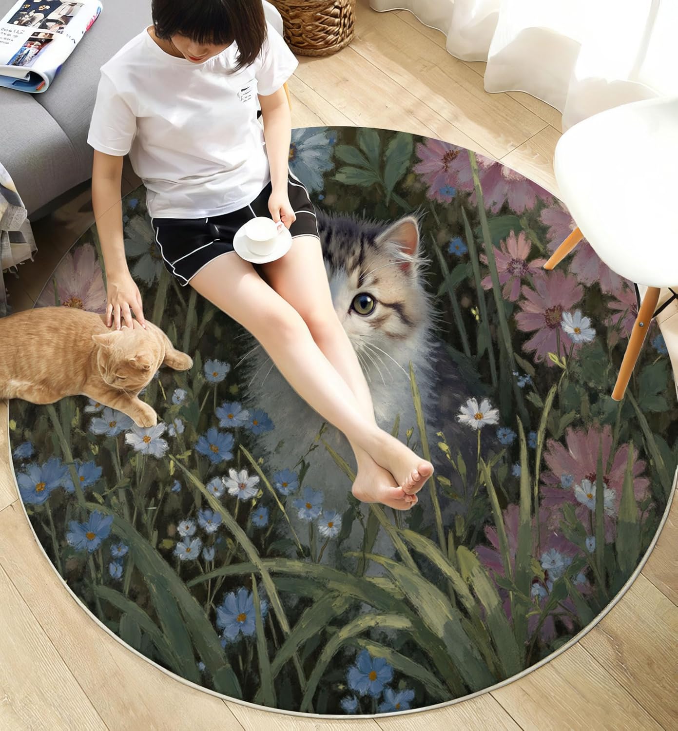 Washable Cats Flowerbeds Oil Paintings Area Rug, 3Ft Round Rugs for Living Room Soft Carpet for Bedroom Rustic Landscape Indoor Stain Resistant Non-Shedding Floor Carpet, Dark Green, 3Ft-Round