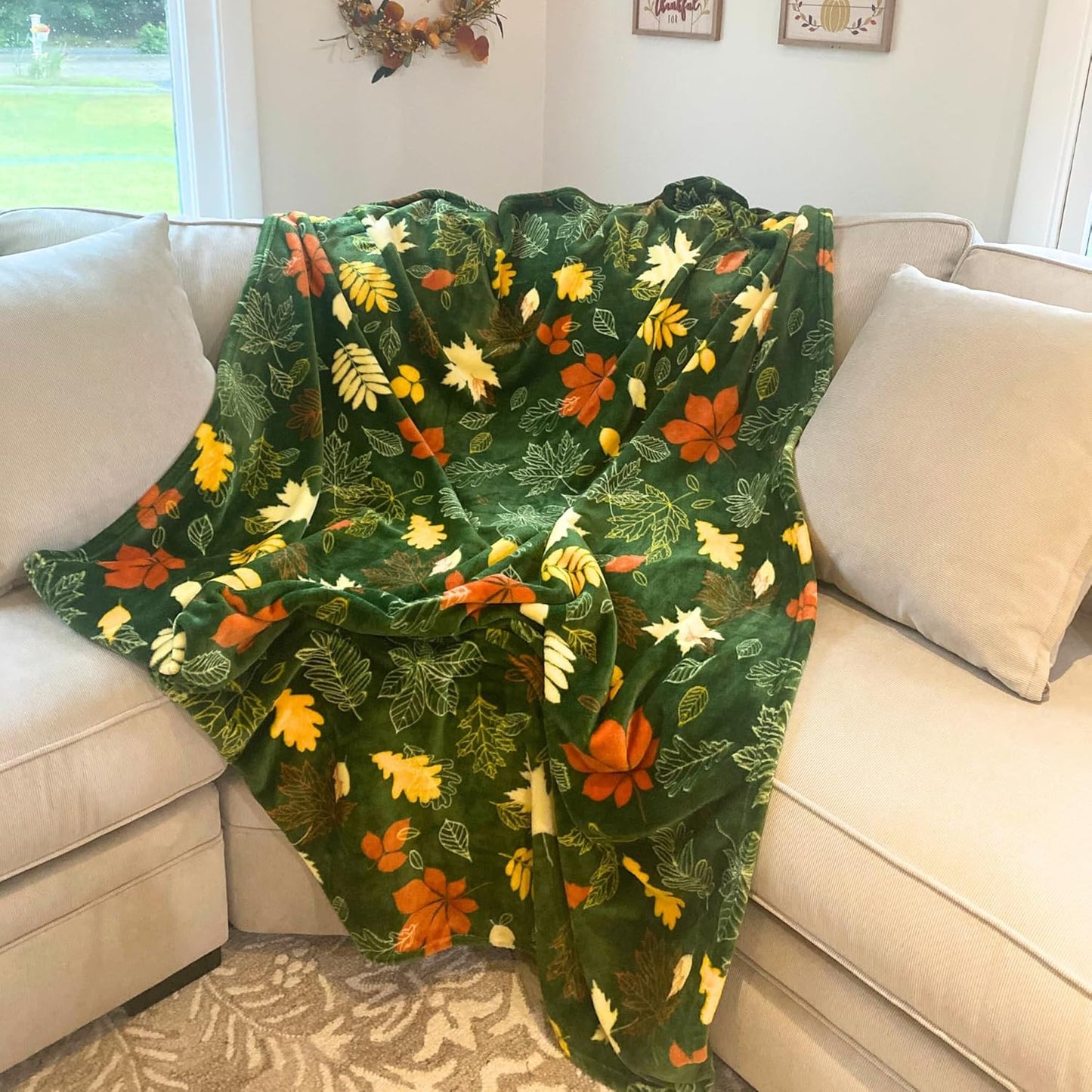 Fall Leaves Throw Blanket: Velvety Soft, Durable Fleece Accent for Bed Chair or Couch, Green Yellow Rust 50 x 70 inches
