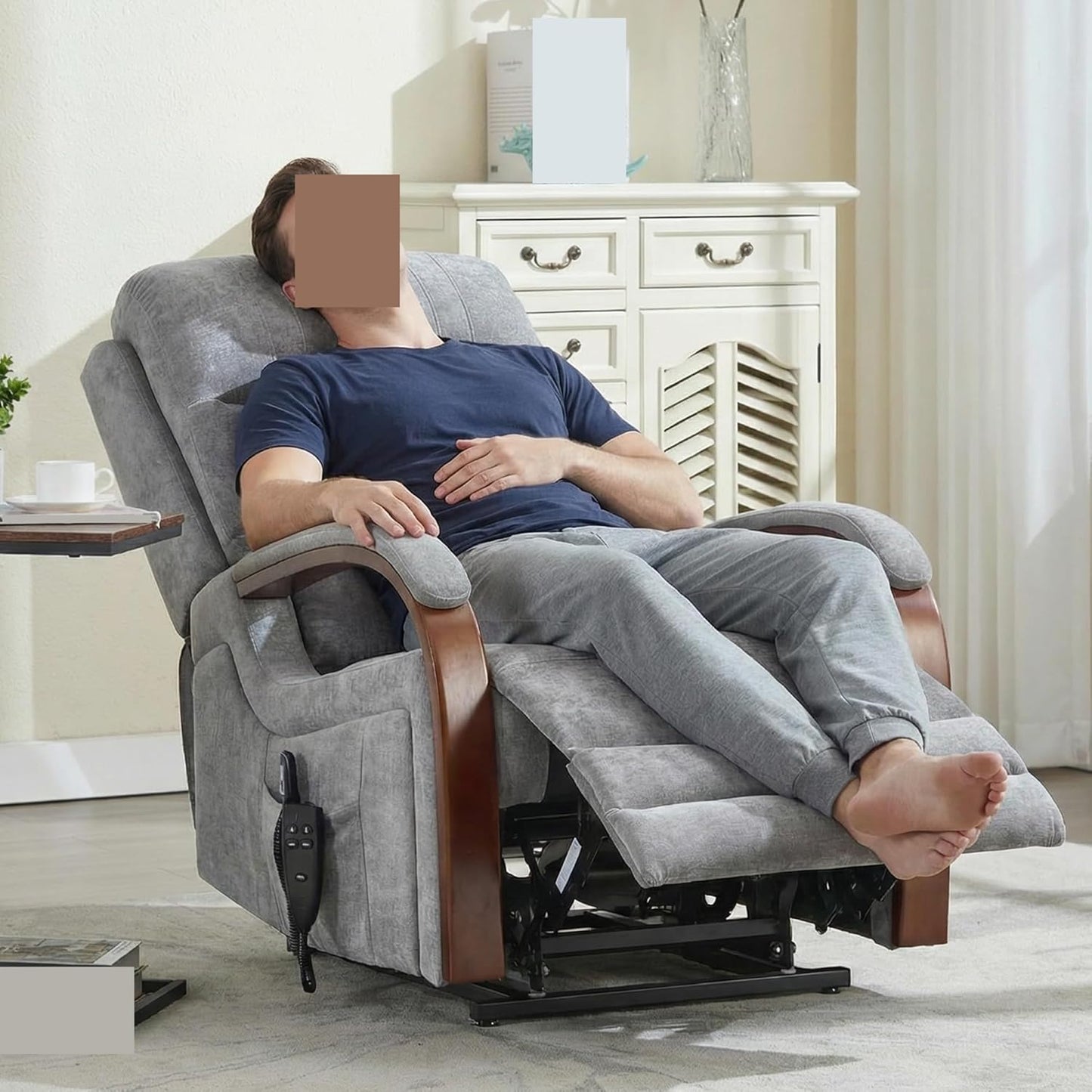 Oversized Power Lift Recliner Chair for Elderly, Dual Motor Electric Lift Chair Full Body Vibration Massage & Lumbar Heat, Solid Wood Armrests, Chenille Fabric Recliner Sofa with Lift Assist